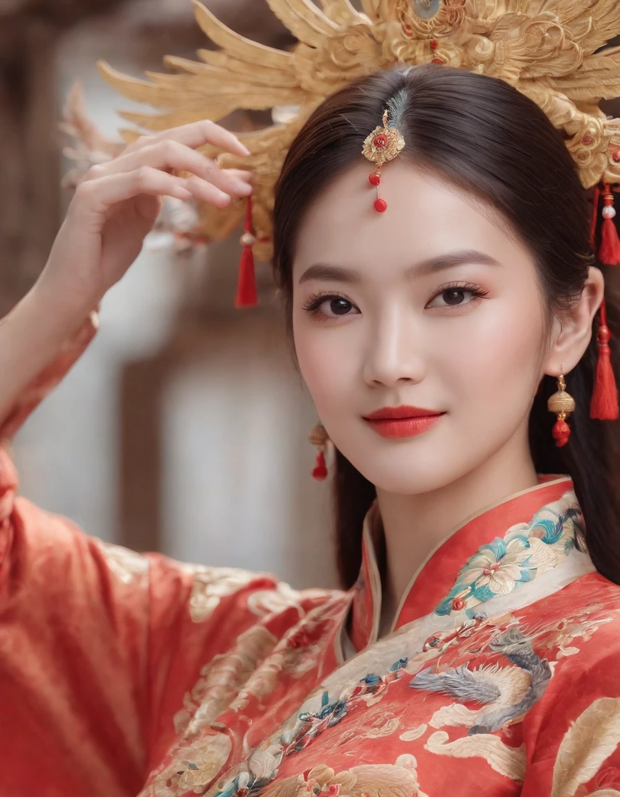 Chinese style ancient style girl,There is a phoenix behind it,The overall color is reddish-green, Shocking and domineering Chinese phoenix, Detailed phoenix head, brunette color hair, Long ponytail, Chino, cropped shoulders,, The is very detailed, dynamic angle, Beautiful lenses, (The most beautiful form of chaos), aethereal, (vivd colour), overclocking, (halfway: 1.2), Chinese big breasts, (thangka flying sky: 1.5), (Ribbons: 1.3), (Dream: 1.5), (Hanfu: 1.5), chinesedragon, Chinese Phoenix, (ssmile: 0.5), (Chinese God), (tmasterpiece, top-quality, best qualityer, ultimate details, highest details, offcial art, Beauty and aesthetics: 1.2), the golden ratio