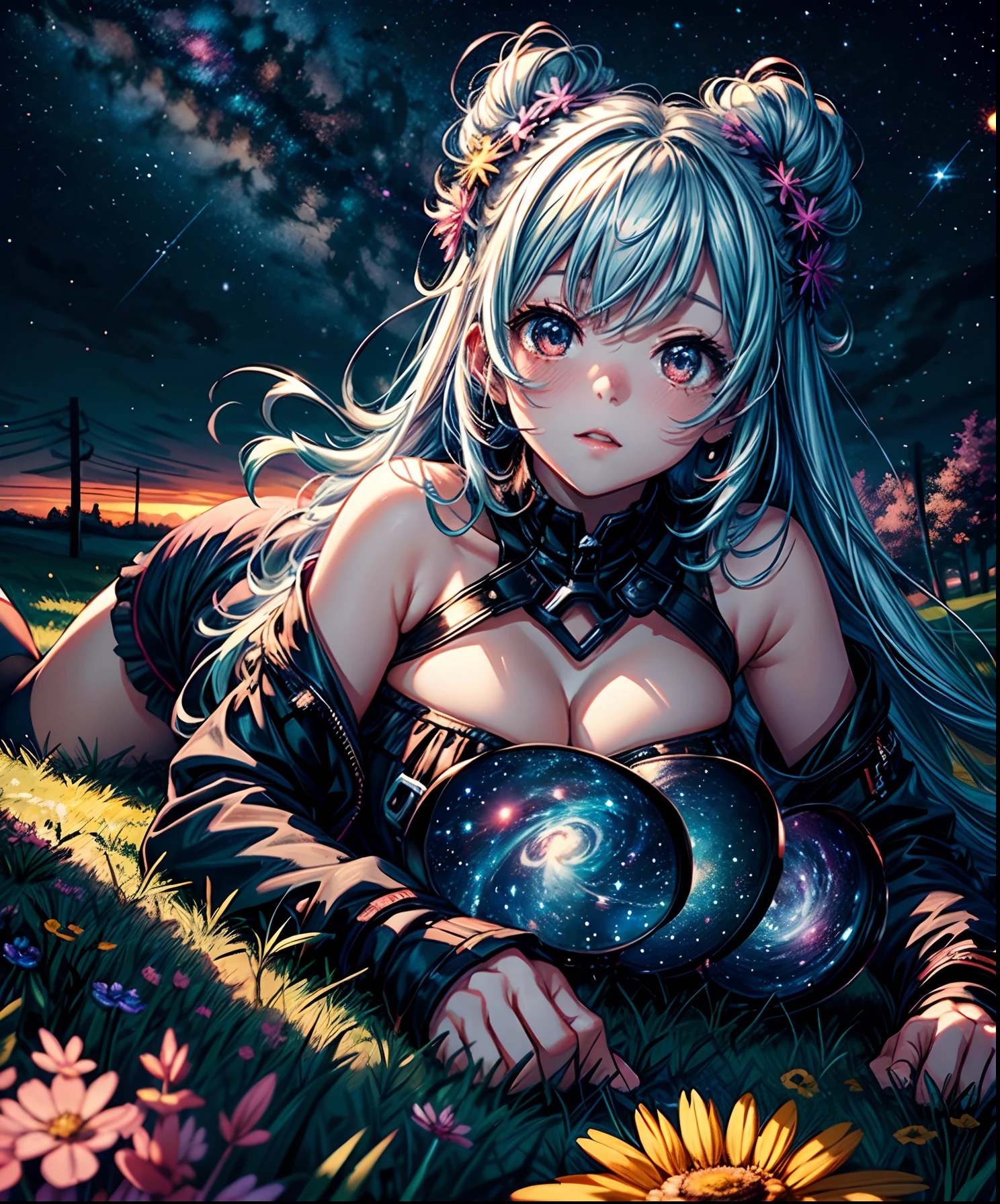 Describe a scene where a cute girl character is lying on a grassy hill, Looking up at the starry sky. Surround her with colorful nebulae and her favorite constellations.