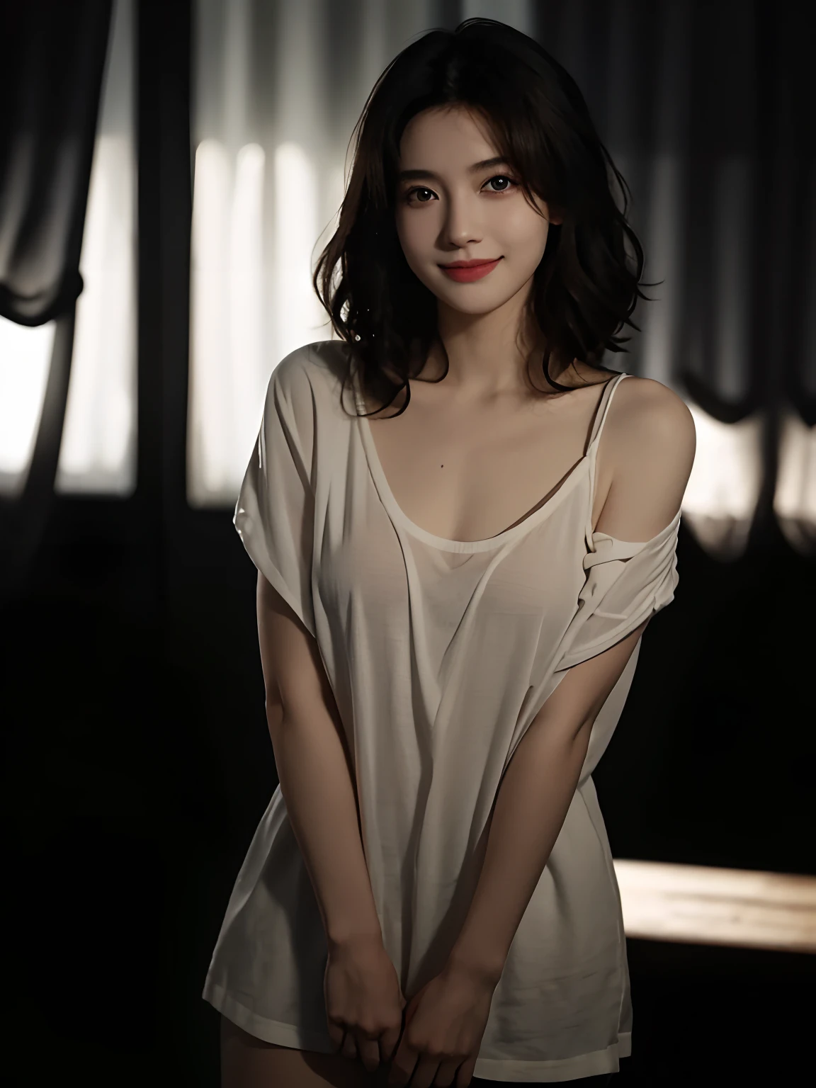 Real people, best qualtiy, tmasterpiece, 超高分辨率, (realisticlying:1.5), RAW photogr, 18girl, bshoulders, in the darkness nigth, deep shading, low tune, cold light, Sexy look, short detailed hair,sparkling , captivating eyes,tmasterpiece , open chest shirt , beautiful smile , good lighting , blink