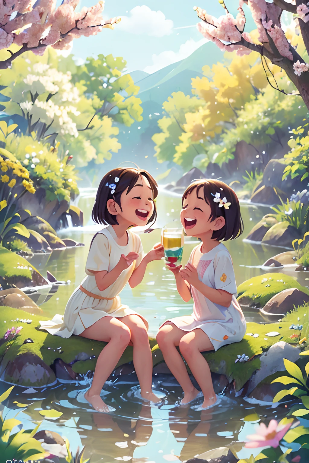 (photo-realistic:1.37),Sit near a river with friends,opens mouth and laughs,close-up of face,flower petals,season spring,sparkling water,gentle breeze,colorful blossoms,fresh green grass,vibrant sunlight,joyful expressions,friendship bond,relaxing atmosphere,serene environment,lively conversations,content smiles,laughter echoes,blissful moments,peaceful sounds of flowing water,happiness shared,cheerful ambiance,playful interaction,pleasant scents,beautiful landscape,harmonious connection,natural beauty,lighthearted conversations,warm sunlight,refreshing beverages,comfortable seating,tranquil surroundings,dancing reflections,fragrant flowers,soft river sounds,gentle ripples,serenity in the air,laughter-filled memories,springtime bliss