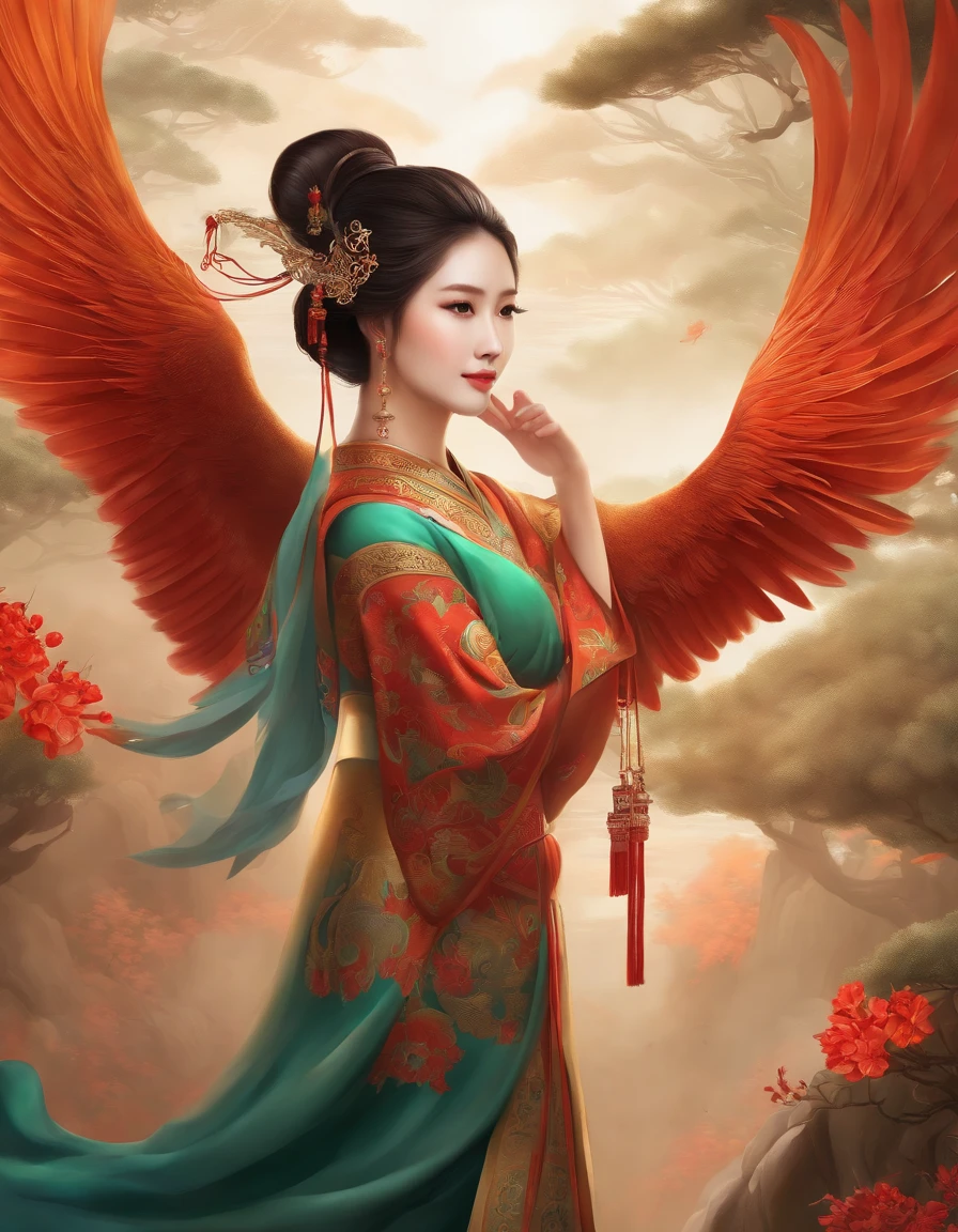 Chinese style ancient style girl,There is a phoenix behind it,The overall color is reddish-green, Shocking and domineering Chinese phoenix, Detailed phoenix head, brunette color hair, Long ponytail, Chino, cropped shoulders,, The is very detailed, dynamic angle, Beautiful lenses, (The most beautiful form of chaos), aethereal, (vivd colour), overclocking, (halfway: 1.2), Chinese big breasts, (thangka flying sky: 1.5), (Ribbons: 1.3), (Dream: 1.5), (Hanfu: 1.5), chinesedragon, Chinese Phoenix, (ssmile: 0.5), (Chinese God), (tmasterpiece, top-quality, best qualityer, ultimate details, highest details, offcial art, Beauty and aesthetics: 1.2), the golden ratio