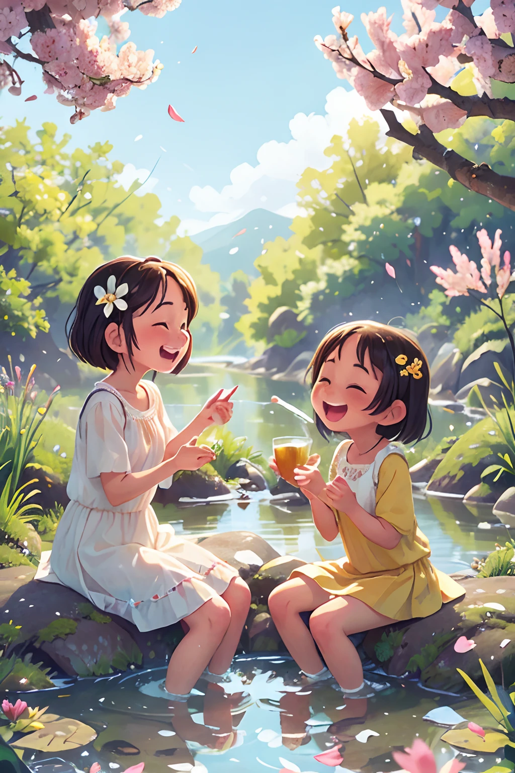 (photo-realistic:1.37),Sit near a river with friends,opens mouth and laughs,close-up of face,flower petals,season spring,sparkling water,gentle breeze,colorful blossoms,fresh green grass,vibrant sunlight,joyful expressions,friendship bond,relaxing atmosphere,serene environment,lively conversations,content smiles,laughter echoes,blissful moments,peaceful sounds of flowing water,happiness shared,cheerful ambiance,playful interaction,pleasant scents,beautiful landscape,harmonious connection,natural beauty,lighthearted conversations,warm sunlight,refreshing beverages,comfortable seating,tranquil surroundings,dancing reflections,fragrant flowers,soft river sounds,gentle ripples,serenity in the air,laughter-filled memories,springtime bliss