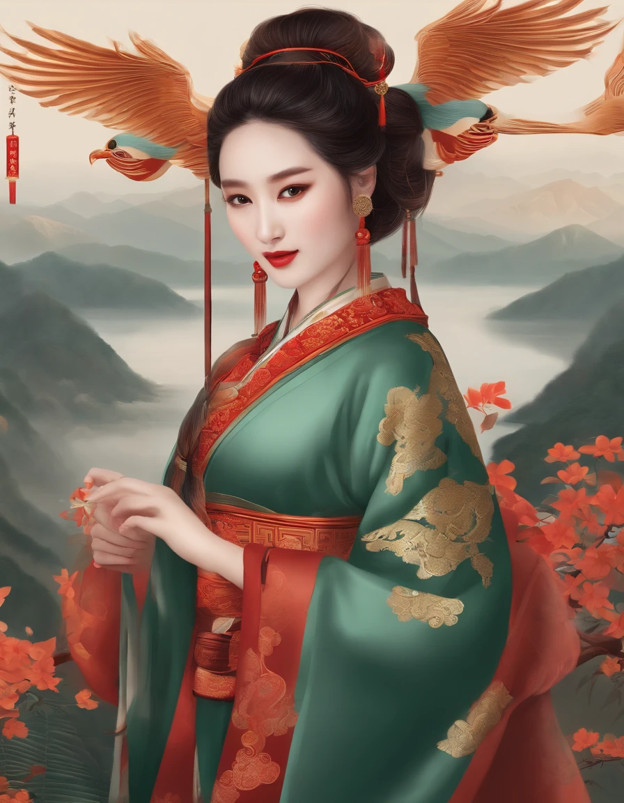 Chinese style ancient style girl,There is a phoenix behind it,The overall color is reddish-green, Shocking and domineering Chinese phoenix, Detailed phoenix head, brunette color hair, Long ponytail, Chino, cropped shoulders,, The is very detailed, dynamic angle, Beautiful lenses, (The most beautiful form of chaos), aethereal, (vivd colour), overclocking, (halfway: 1.2), Chinese big breasts, (thangka flying sky: 1.5), (Ribbons: 1.3), (Dream: 1.5), (Hanfu: 1.5), chinesedragon, Chinese Phoenix, (ssmile: 0.5), (Chinese God), (tmasterpiece, top-quality, best qualityer, ultimate details, highest details, offcial art, Beauty and aesthetics: 1.2), the golden ratio