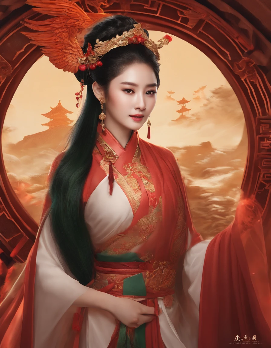 Chinese style ancient style girl，There is a phoenix behind it，The overall color is reddish-green, Shocking and domineering Chinese phoenix， Detailed phoenix head， brunette color hair， Long ponytail， Chino， cropped shoulders，， The is very detailed， dynamic angle， Beautiful lenses， （The most beautiful form of chaos）， aethereal， （vivd colour）， overclocking， （halfway： 1.2）， Chinese big breasts， （thangka flying sky： 1.5）， （Ribbons： 1.3）， （Dream： 1.5）， （Hanfu： 1.5）， chinesedragon， Chinese Phoenix， （ssmile： 0.5）， （Chinese God）， （tmasterpiece， top-quality， best qualityer， ultimate details， highest details， offcial art， Beauty and aesthetics： 1.2）， the golden ratio