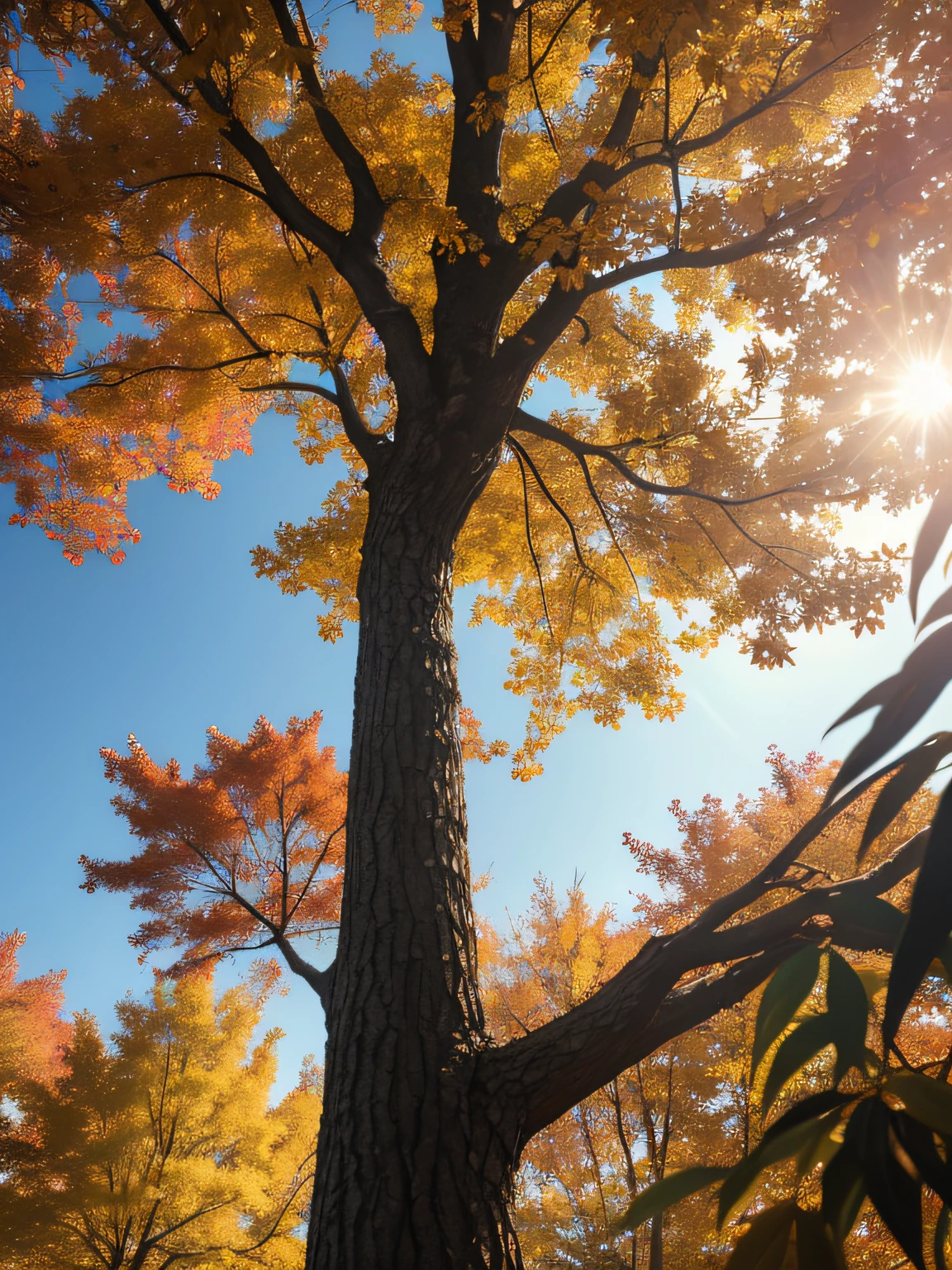 autumnal，Branches in the sun，Hang sunlight on the leaves，Photorealsitic，natural soft light，Hyper-detailing，4K