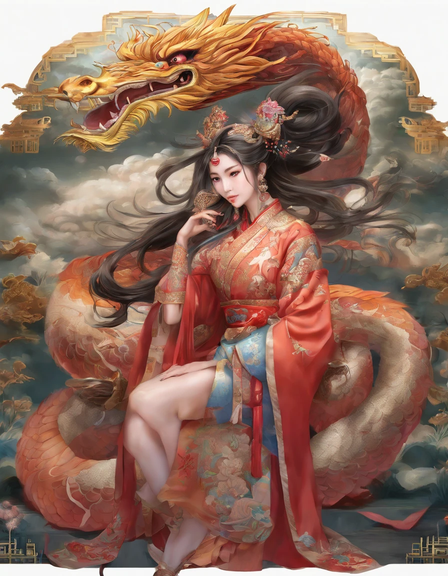 Chinese style ancient style girl，There is a phoenix behind it，The overall color is reddish-green, Shocking and domineering Chinese phoenix， Detailed phoenix head， brunette color hair， Long ponytail， Chino， cropped shoulders，， The is very detailed， dynamic angle， Beautiful lenses， （The most beautiful form of chaos）， aethereal， （vivd colour）， overclocking， （halfway： 1.2）， Chinese big breasts， （thangka flying sky： 1.5）， （Ribbons： 1.3）， （Dream： 1.5）， （Hanfu： 1.5）， chinesedragon， Chinese Phoenix， （ssmile： 0.5）， （Chinese God）， （tmasterpiece， top-quality， best qualityer， ultimate details， highest details， offcial art， Beauty and aesthetics： 1.2）， the golden ratio