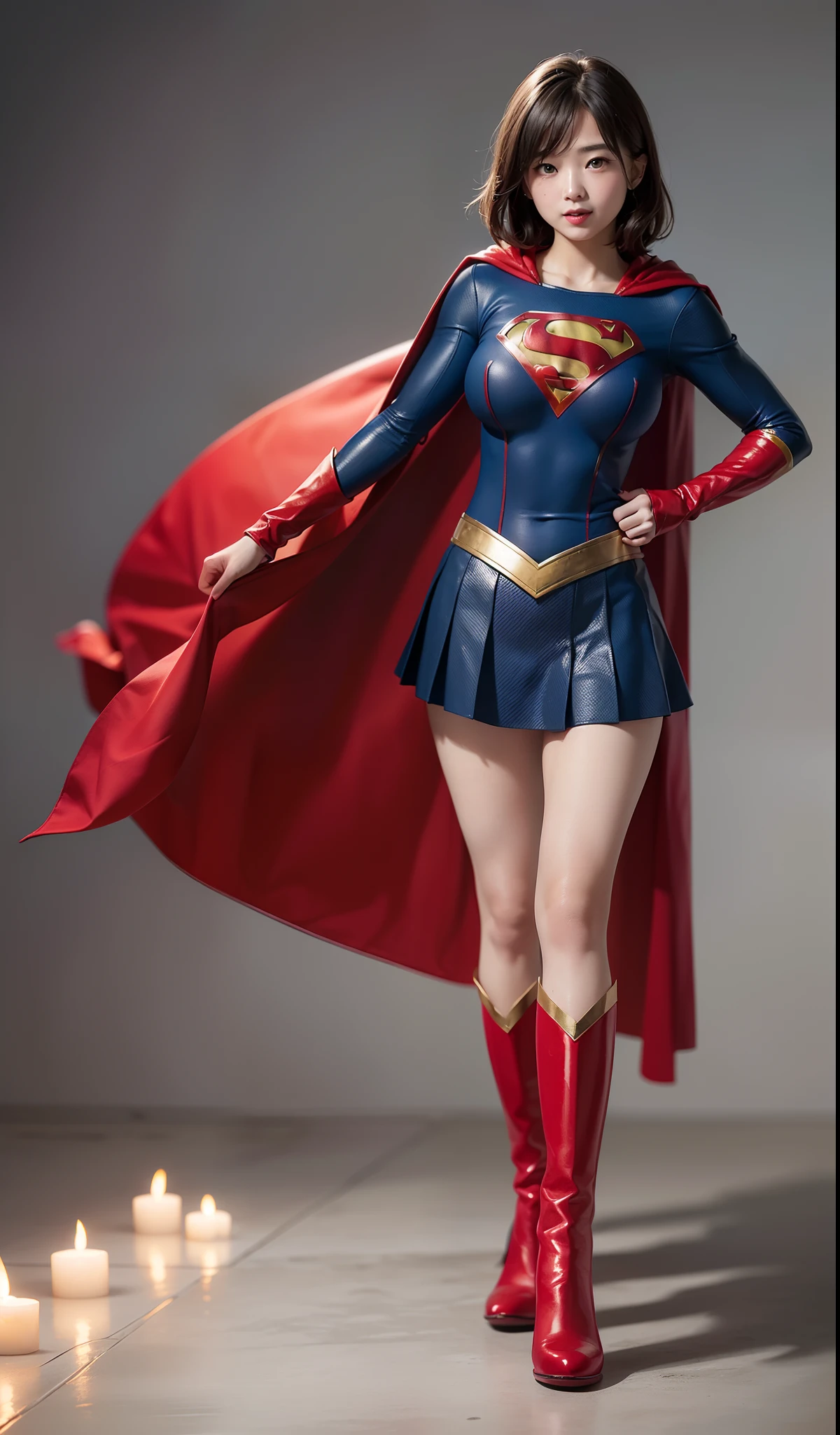 (((Make the most of the original image)))、(((Supergirl Costume)))、(((shiny short hair)))、(((Suffering)))、(((Feet must necessarily be worn with black tights)))、(((Smile)))、(((You need to wear red boots)))、((Top image quality、8K))、((top-quality、8K、masterpiece:1.3))、Crisp focus:1.2、Beautiful woman with perfect body shape:1.4、Slender Abs:1.2、((layers-Cut、large boob:1.2))、a wet body:1.5、Highly detailed facial and skin texture、