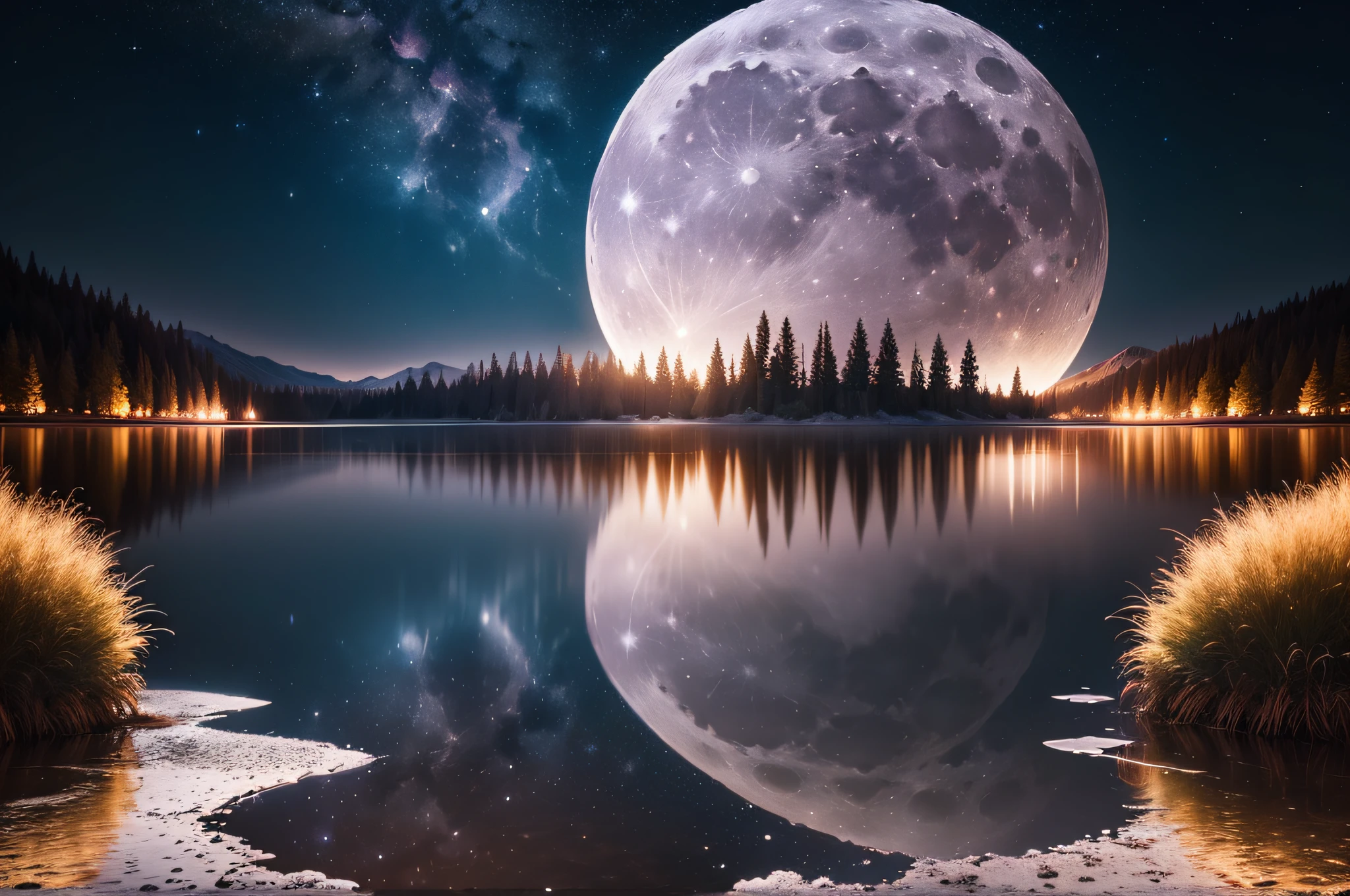 (Full moon1.8), milky way, starry sky, lake, reflection, (photorealistic:1.4), Best quality, 8k, Masterpiece, raw photo, wide angle lens