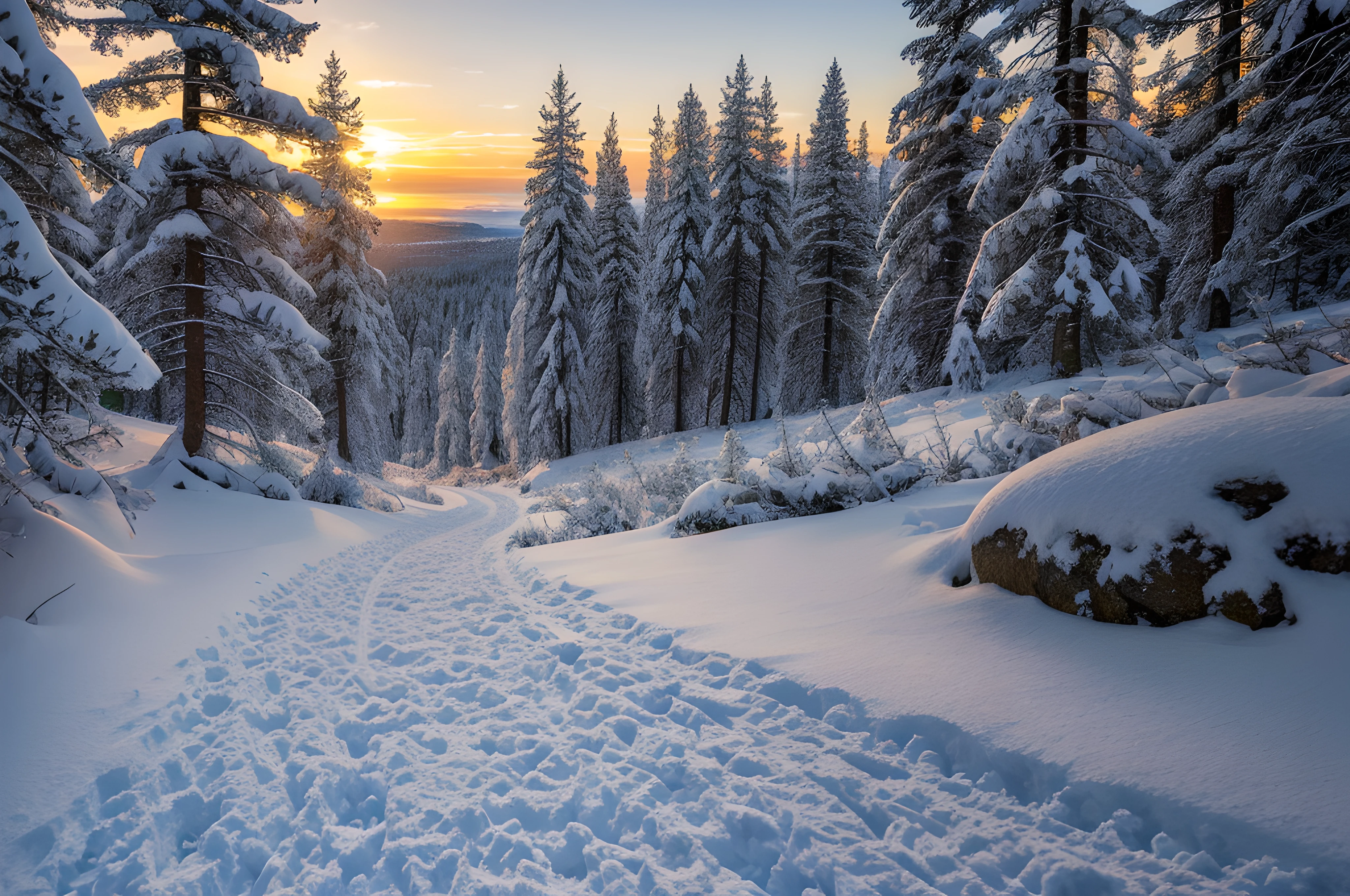 very high resolution, (fidelity: 1.4), photo, day, best quality, 8k, (masterpiece: 1.3), ultra realistic, sunset, snowy winter, trees covered with snow, only 1 path, 1 path with boulders on the side of the route, path in dense forest, best quality, very high resolution, raw photo, bright diffused light, hyperrealistic, detailed nature,