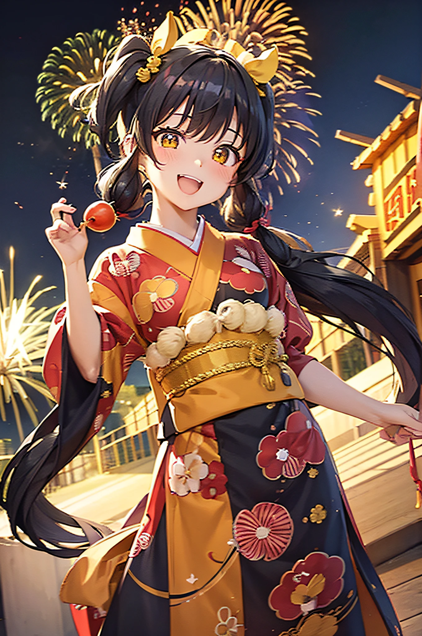 (masterpiece), (high-resolution), (4k), black hair, yellow eyes, twin tails, wearing traditional japanese clothes, (fireworks in the background), cute girl, perfect body, perfect face perfect hands, holding a candy apple, happy, laughing, excited, cute smile, posing for a photo, facing opposite the camera