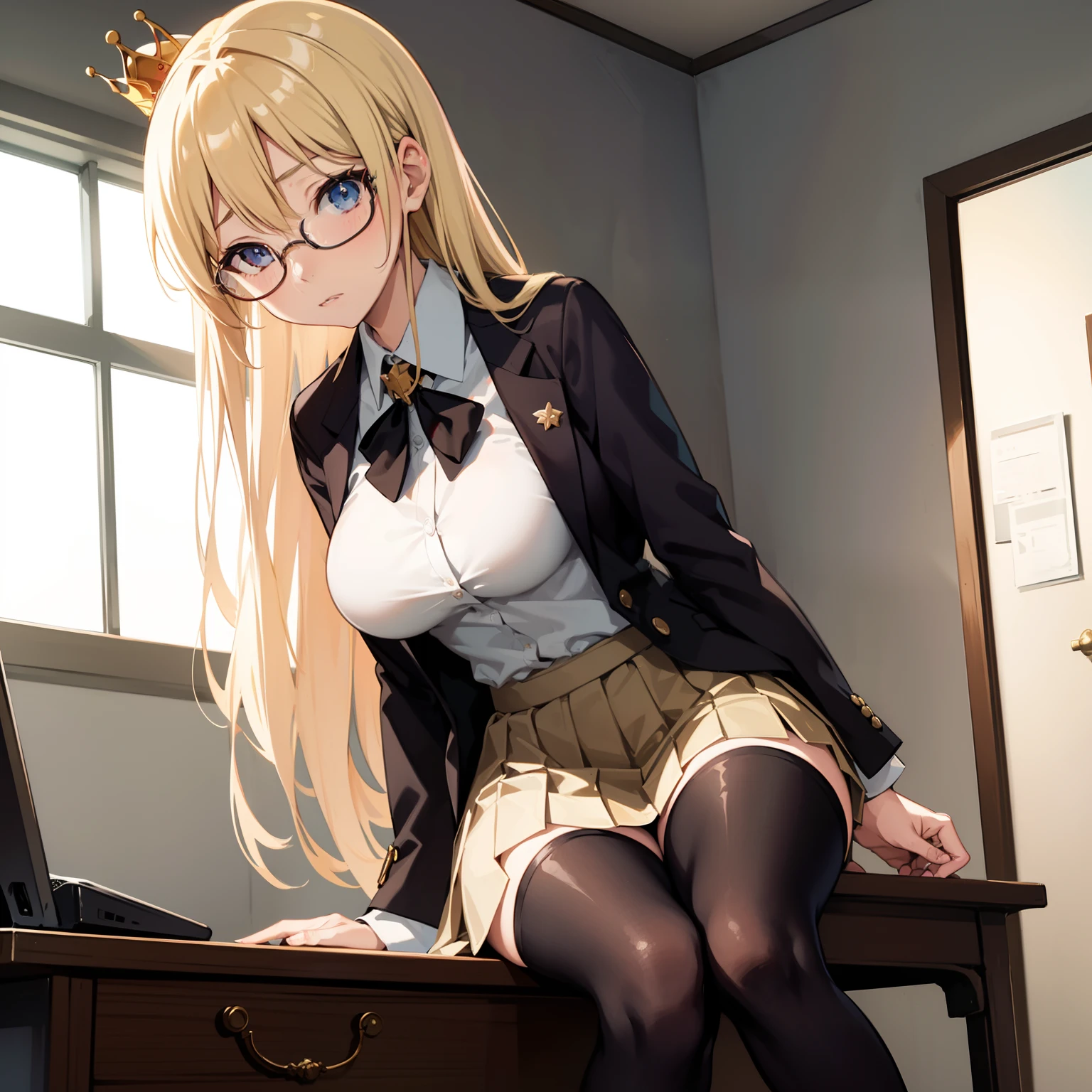 Solo woman, mature, tall, catgirl, cat furry, busty, blonde hair, buttoned blouse, pencil skirt, librarian, legs spread wide, spread eagle, riding dildo, dildo in pussy, garters, stockings, glasses