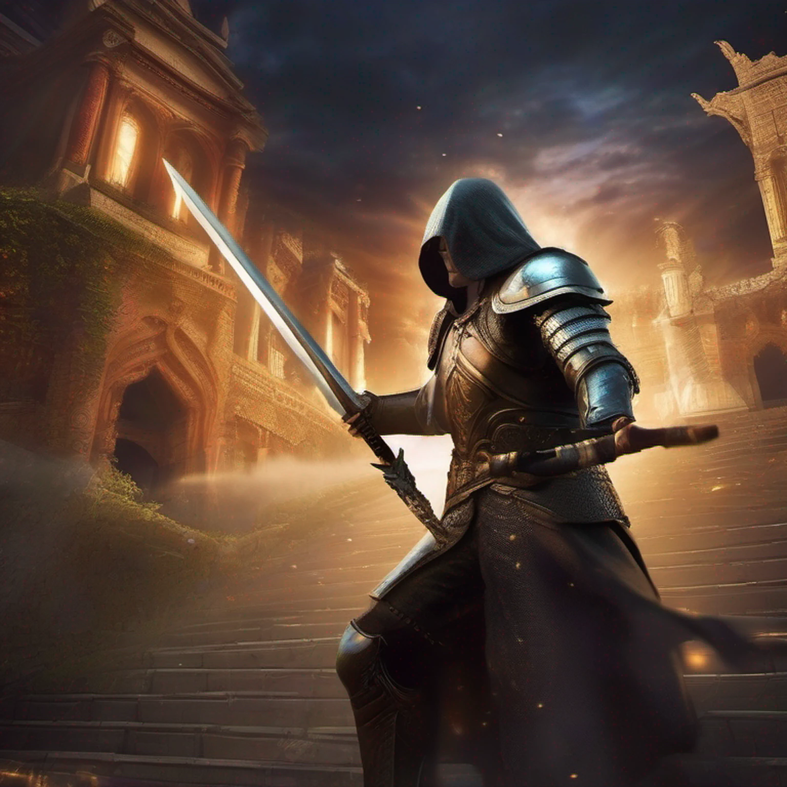 "An imposing paladin wielding a sword imbued with radiant light, emanando poderosa magia de luz. A cena se passa em uma paisagem urbana sombria e misteriosa, Iluminado pelo brilho da espada do paladino. The composition is expertly crafted, with breathtaking attention to detail and cinematic lighting. The overall aesthetic is reminiscent of Fujifilm photography, capturando a beleza e a profundidade da cena."