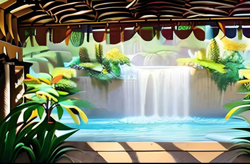 scene of a courtyard with a pool and a waterfall, scenery concept art, overgrowth. by Rembrandt, relaxing concept art, traditional iluminism concept art, a beautiful artwork illustration. high detail, background art, detailed 8k concept art, environment design illustration, concept art highly detailed