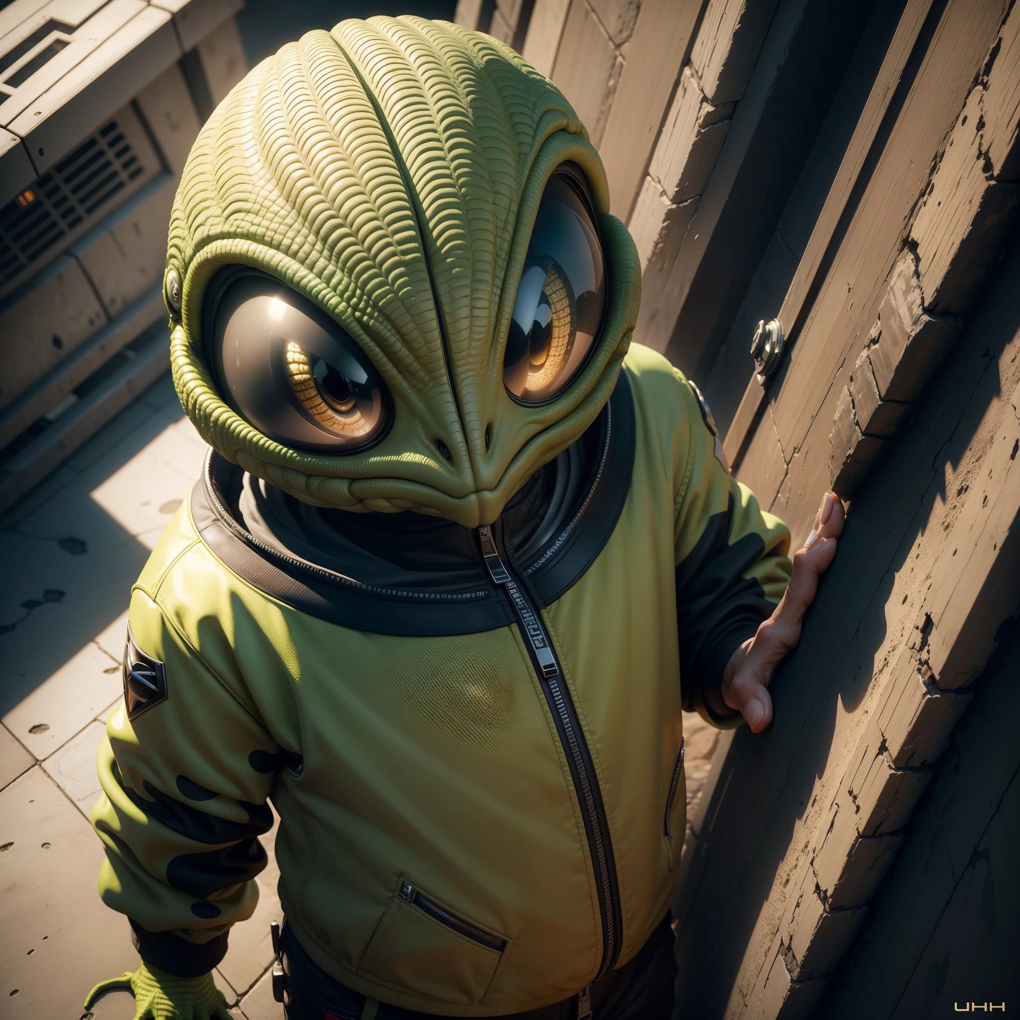 Alien wearing Hip-hop clothes, big eyes and oval head, textured scaly skin, masterpiece, HDR, UHD, 64 mil, highly detailed, professional photography, trending on ArtStation, Unreal Engine, vivid colors, High Resolution Scanning