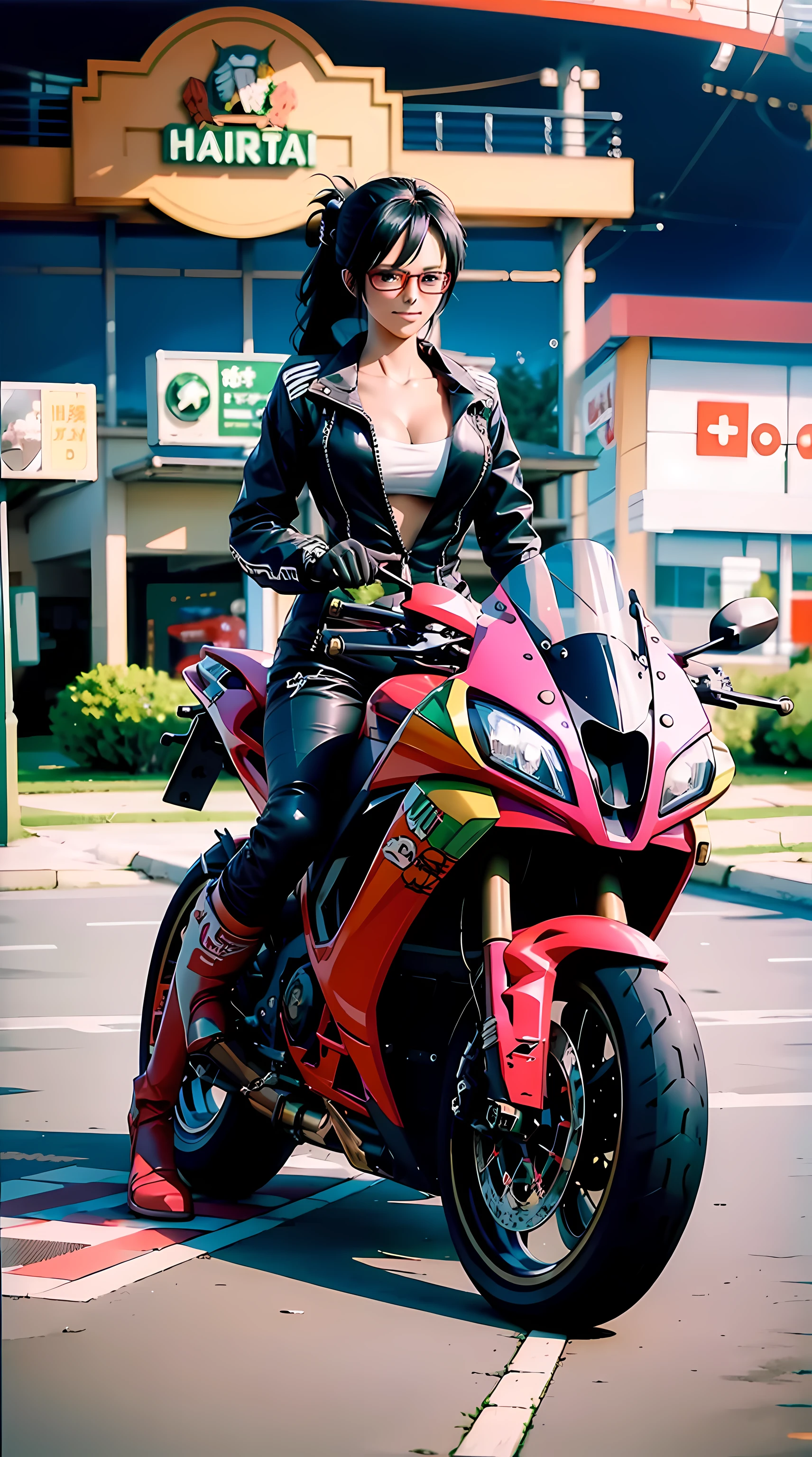 Tashigi, wearing glasses, long hair, black hair, motorbike, Kawasaki ninja, beautiful, beautiful woman, perfect body, perfect breasts, riding a sports motorbike, red motorbike, wearing racing boots, wearing gloves, black leather jacket, black pants, is in the parking area, gas station, looking at the viewer, realism, a slight smile, masterpiece, leather textured, super detailed, high detail, high quality, best quality, 1080p, 16k