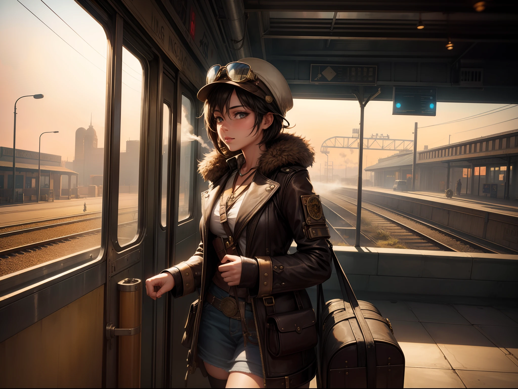 1 girl, aviator hat , solo, steam punk, train station, , steam, smoke, masterpiece, highly detailed,HDR,8k resolution, best quality,