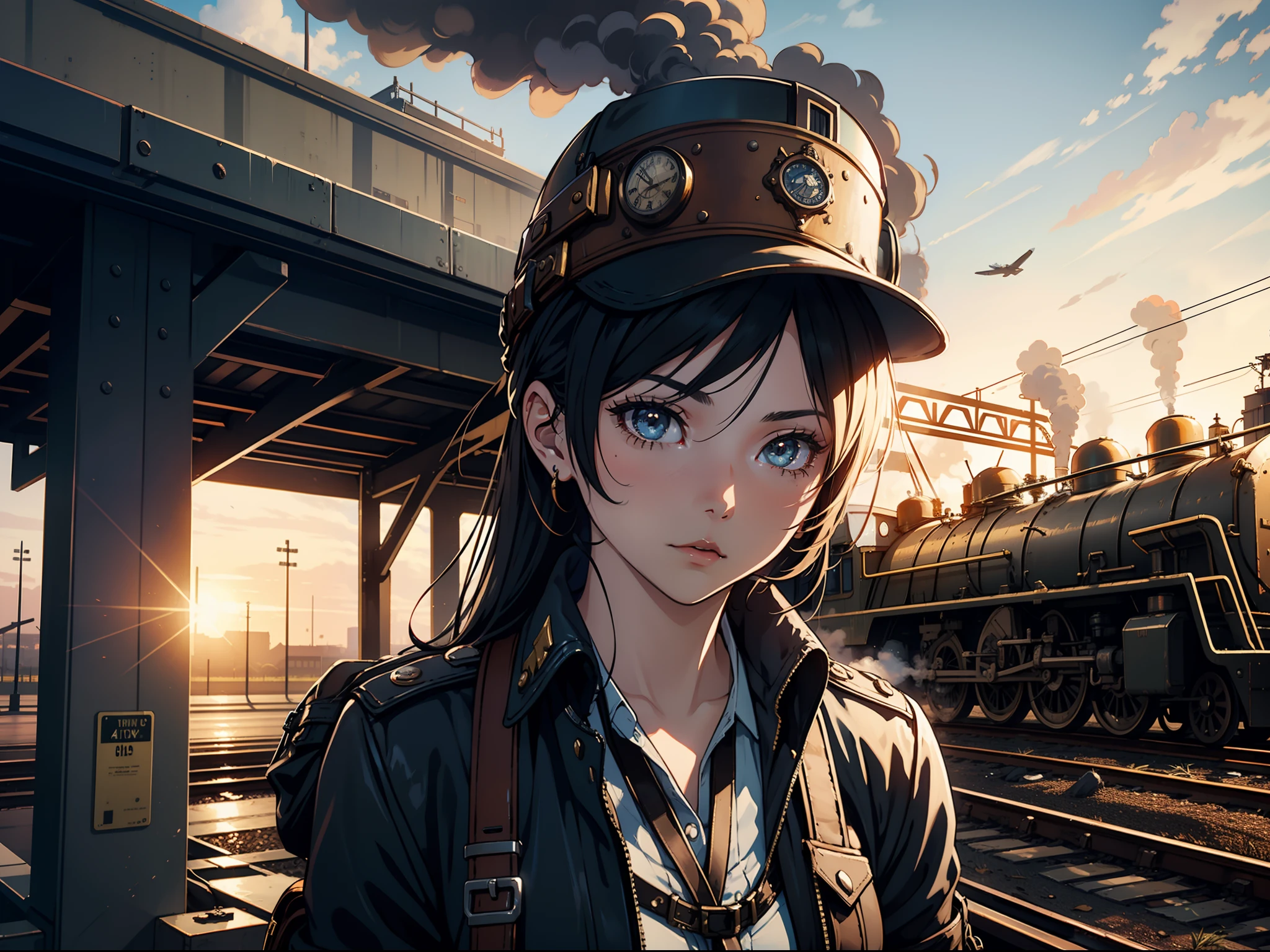 1 girl, aviator hat , solo, steam punk, train station, , steam, smoke, masterpiece, highly detailed,HDR,8k resolution, best quality,