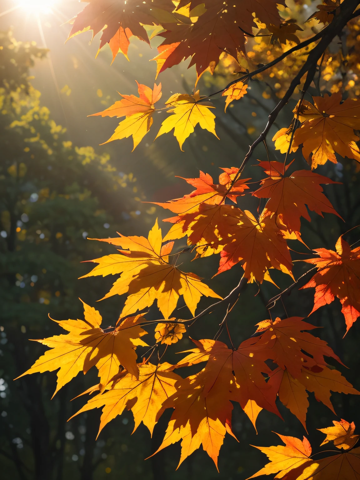 autumnal，Branches in the sun，Hang sunlight on the leaves，Photorealsitic，natural soft light，Hyper-detailing，4K