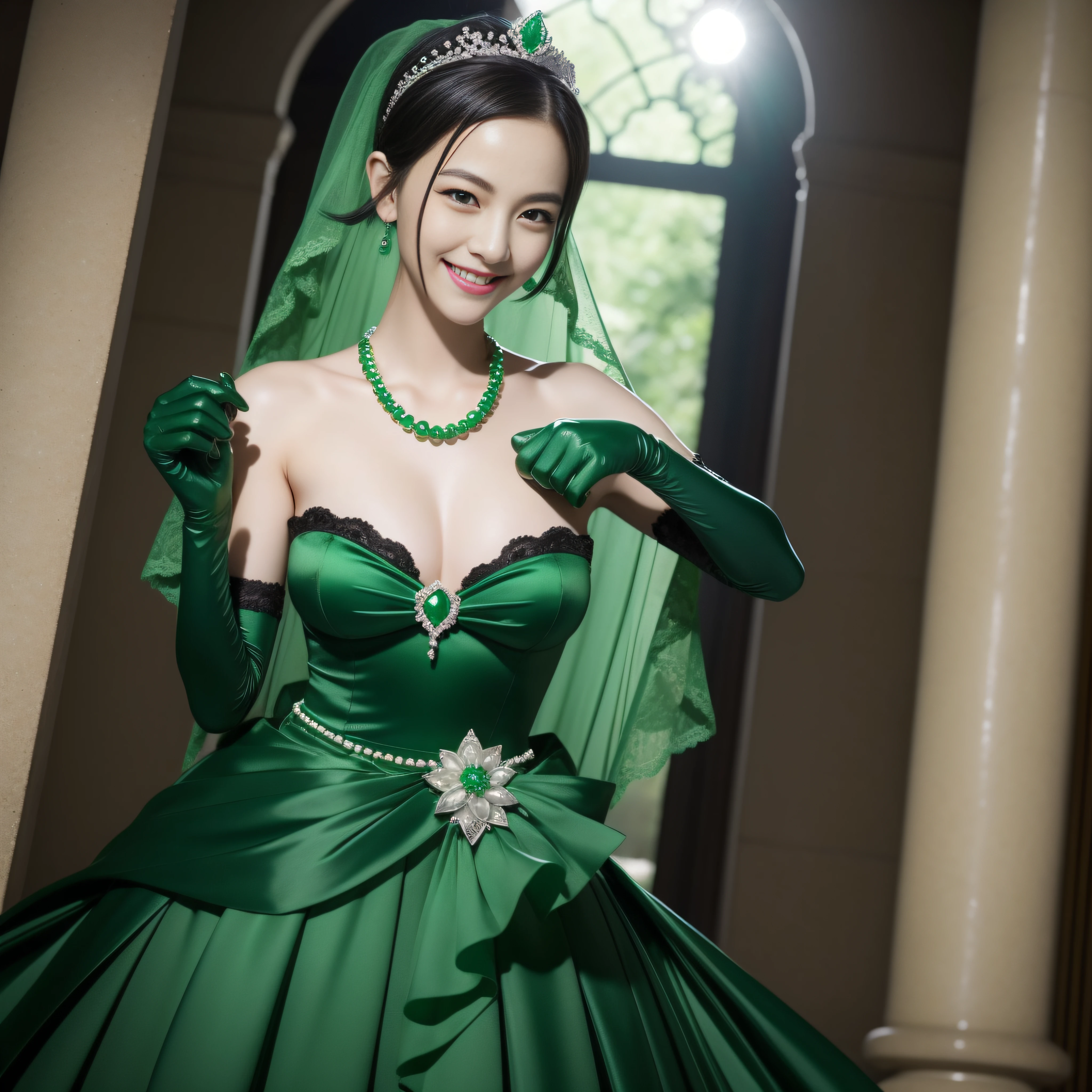 emerald tiara, Green Pearl Necklace, Boyish very short black hair, lipsticks, Japan woman smiling, Long green gloves made of satin material, very short short hair, fist, big breasts beautiful, Round face, Green eyes, Short face, Small jaw