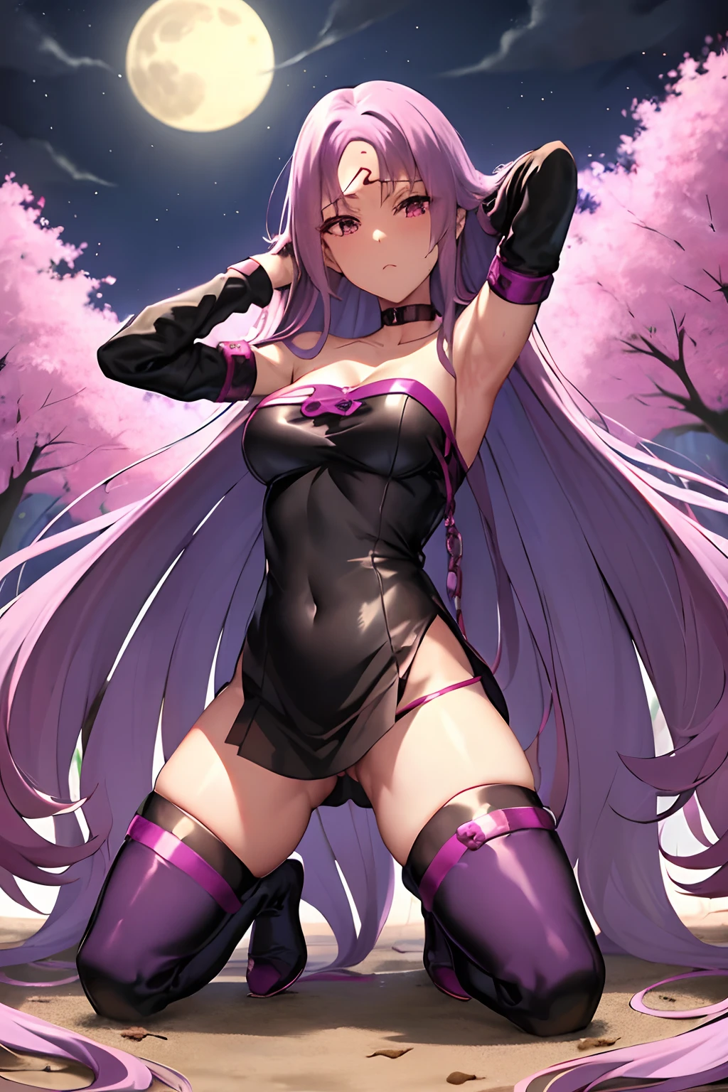 Best Quality, (masutepiece:1.2), Highly detailed,
Fate/Stay in the background, fullmoon、
Medusa_nffsw,
1girl in, Solo,, Looking at the viewer, absurdly long hair, Purple hair, Floating hair,Dress, Short dress, thighs thighs thighs thighs, Strapless,  Detached sleeves, forehead mark, Choker, cleavage、((thigh high boots))、(thigh-high socks))、((Hands behind the head))、((opening legs))、((Chained))、((Kneeling))、((gargantilha))、(whole body Dripping wet)