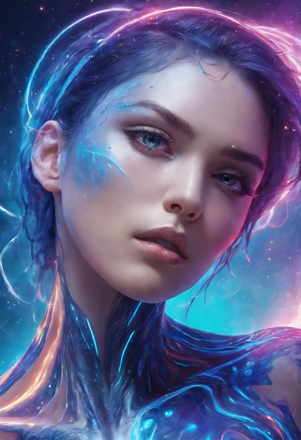 Imagine an electric blue nebula filled with psychedelic colors and pulsating plasma streams. A cyborg, half-human and half-android, floats in space, marveling at the alien technologies surrounding. illustration, dark magic splash, fantasy art, hand drawn, Accent Lighting, subtle motion effects, best quality, decorative art, low-poly, UHD, golden ratio composition, ((soft colors)), (cel-shading style)extremely saturated image (saturation 10) ink lined art, bold lines, illuminated by stars