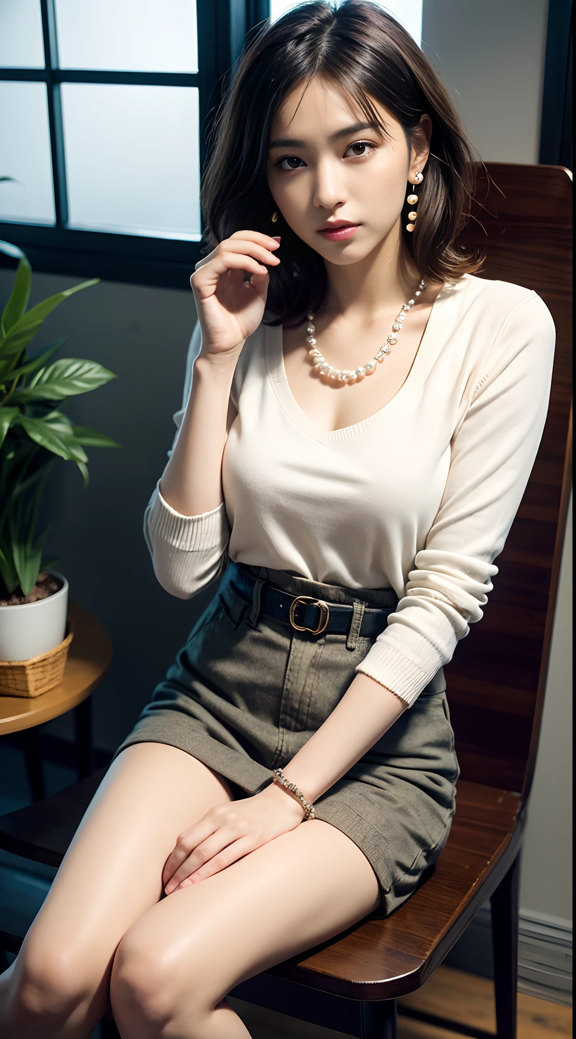 (masutepiece:1.2), Best Quality, High resolution, Unity 8k壁纸, (Illustration:1.0), Beautiful detailed eyes:, extra detailed face, Perfect Lighting, extremely details CG,
1girl in, Bare_tree, Black_hair, brown_Eyes, brown_hair, building, Dress, earrings, flower, Indoors, Jewelry, apples, Lips, Necklace, Outdoors, pearls_Necklace, plant, potted plant_plant, Short_hair, Solo, tree, window, up looking_で_viewer, Jacket, Pants, Bag, Chair, phone, The table, Handbag, Realistic、Long、light brown hair、gradation hair、Curly hair