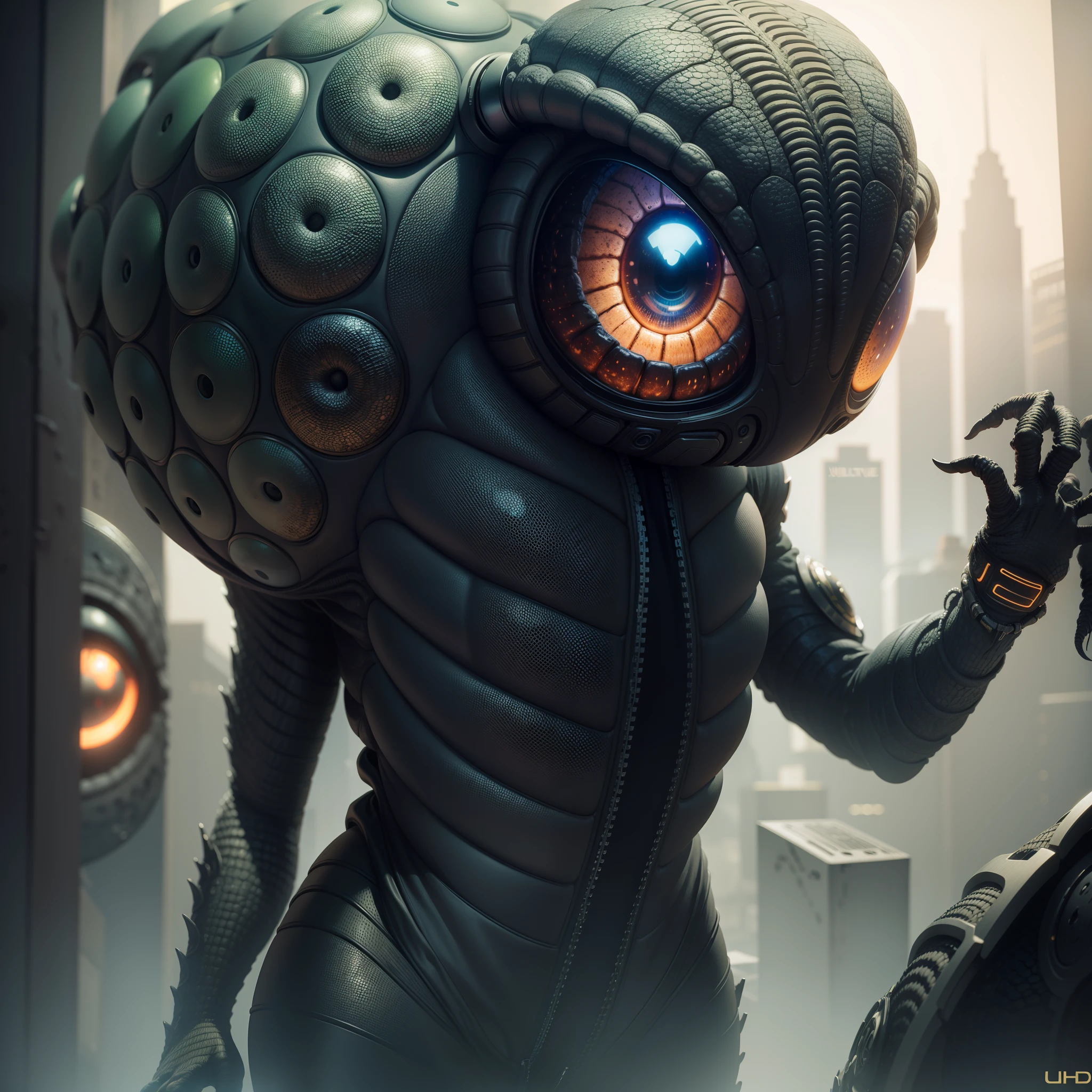 Alien wearing Hip-hop clothes, big eyes and oval head, textured scaly skin, masterpiece, HDR, UHD, ?? mil, highly detailed, professional photography, trending on ArtStation, Unreal Engine, vivid colors, High Resolution Scanning