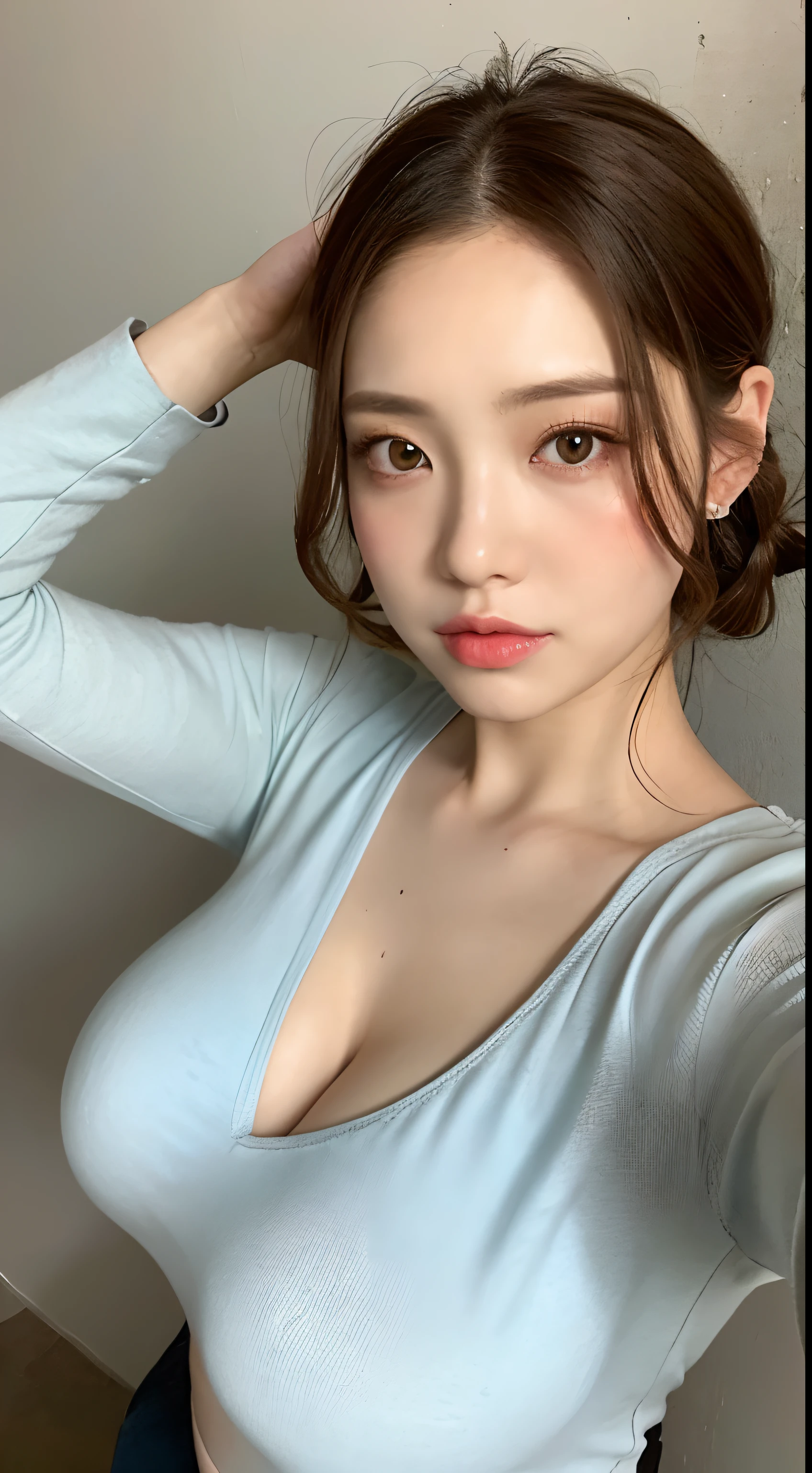 clothed、(photo real:1.4)、(Hyperrealistic:1.4)、(Realstic:1.3)、
(Smoother lighting:1.05)、(Improved lighting quality in movies:0.9)、32 k、
1GIRL、20 years old girl、Realistic Lighting、Backlit、Facial light、Ray Trace、(Brightening light:1.2)、(Increase quality:1.4)、
(Top Quality Real Texture Skin)、Fine eyes、finerly detailed face、
(Tired, sleepy and satisfied:0.0)、closeup on face、Student uniform:1.3、korean idol、Nogizaka Idol、hposing Gravure Idol
(Bodyline mood improvement:1.1)、Glossy skin、korean idol、Nogizaka Idol、hposing Gravure Idol、selfie