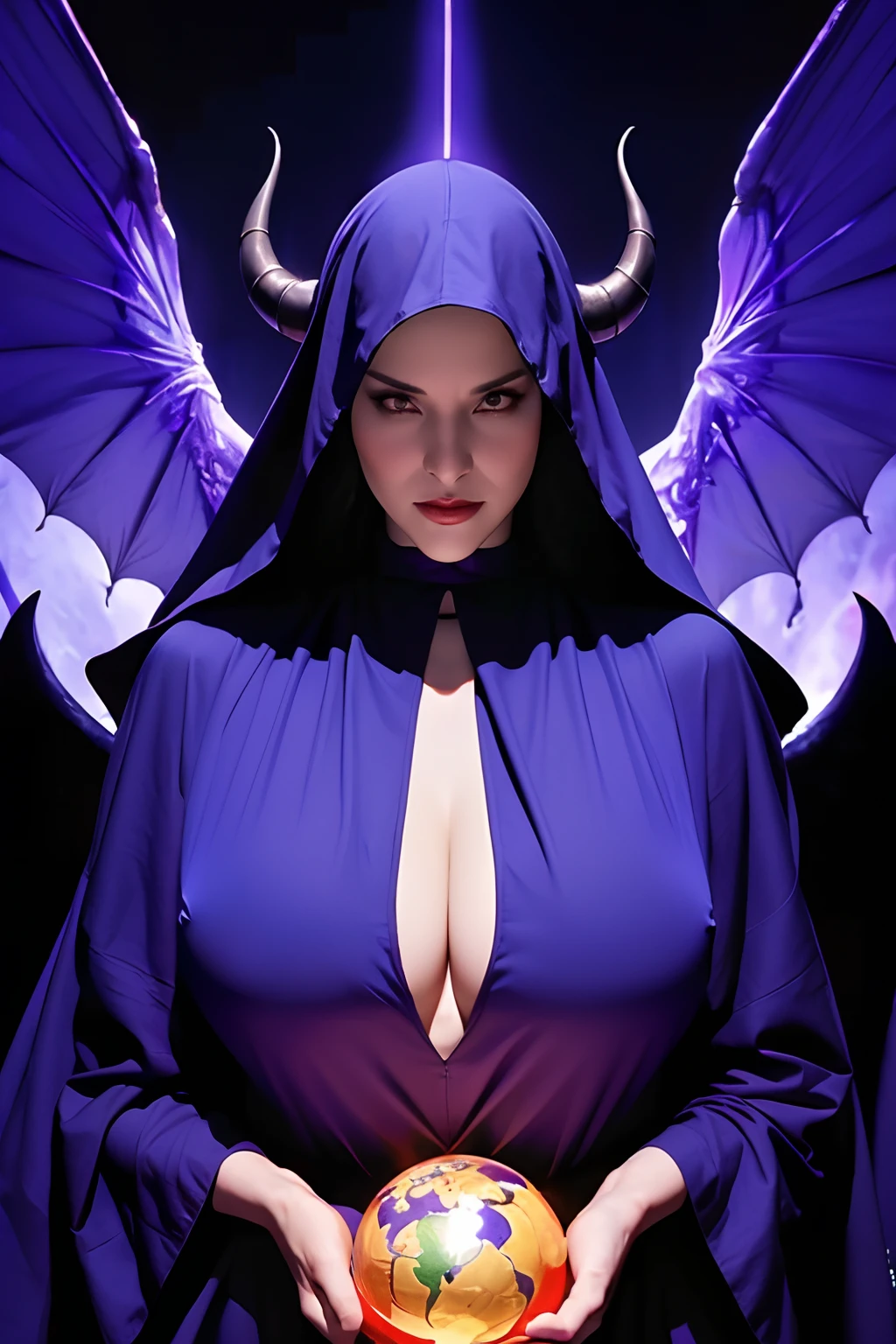 Lisa Ann: The evil nun, Demon horn, Demon wings on the head , sexy robe de nonne, His hands preparing a sphere of purple energy, diabolique, insidieux, His powerful magic hits the buildings of a city , Context of the Satanic Church, detailled eyes, detailed hands