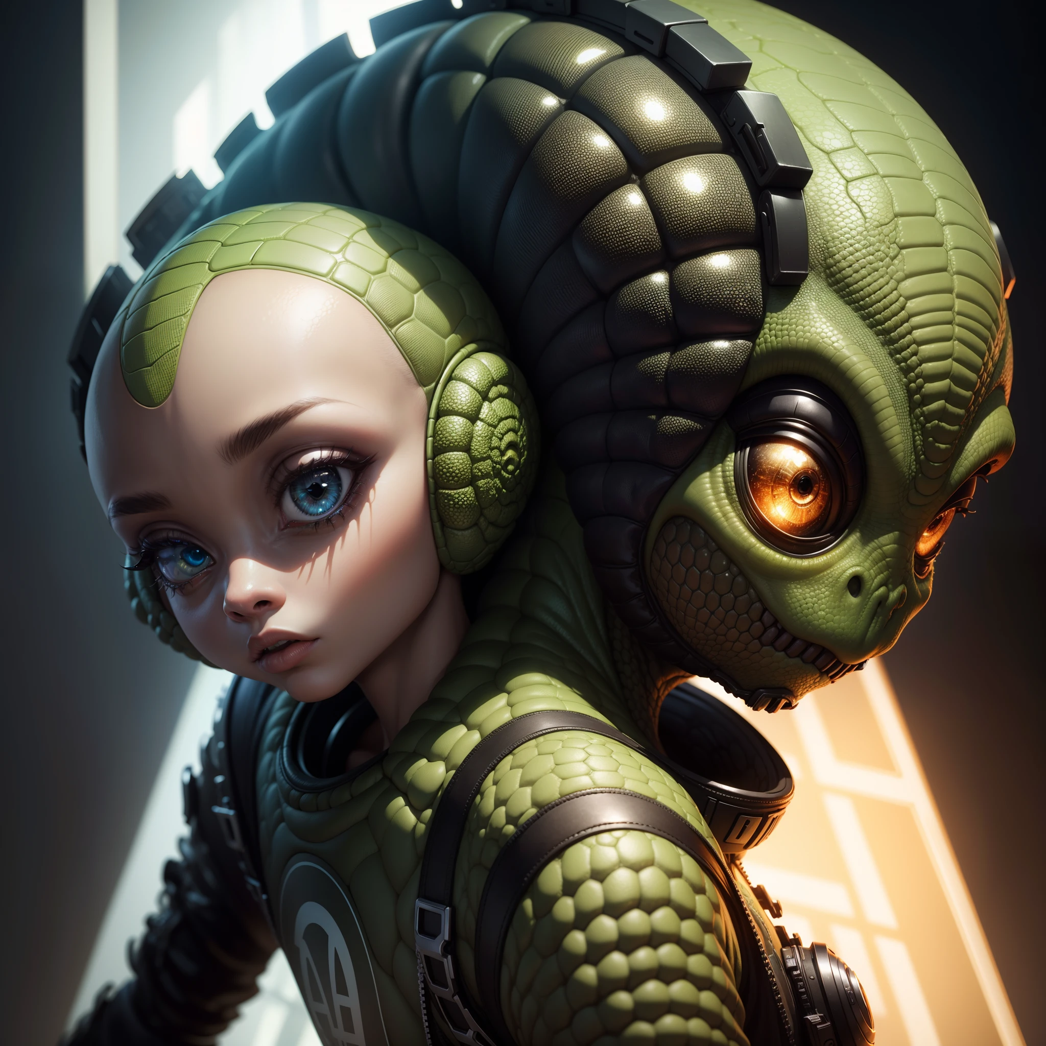 Alien wearing Hip-hop clothes, big eyes and oval head, textured scaly skin, masterpiece, HDR, UHD, 64 mil, highly detailed, professional photography, trending on ArtStation, Unreal Engine, vivid colors, High Resolution Scanning