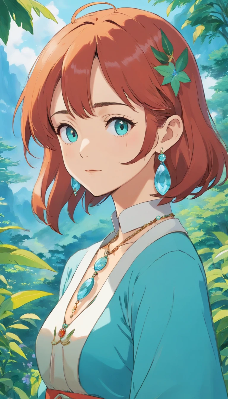 A girl wearing an anime collar, A long necklace and earrings, inthe style of tranquil gardenscapes, colorful animation stills, Masami Teraoka, aquamarine, Paul Gauguin, Amber style, Honest portrayal