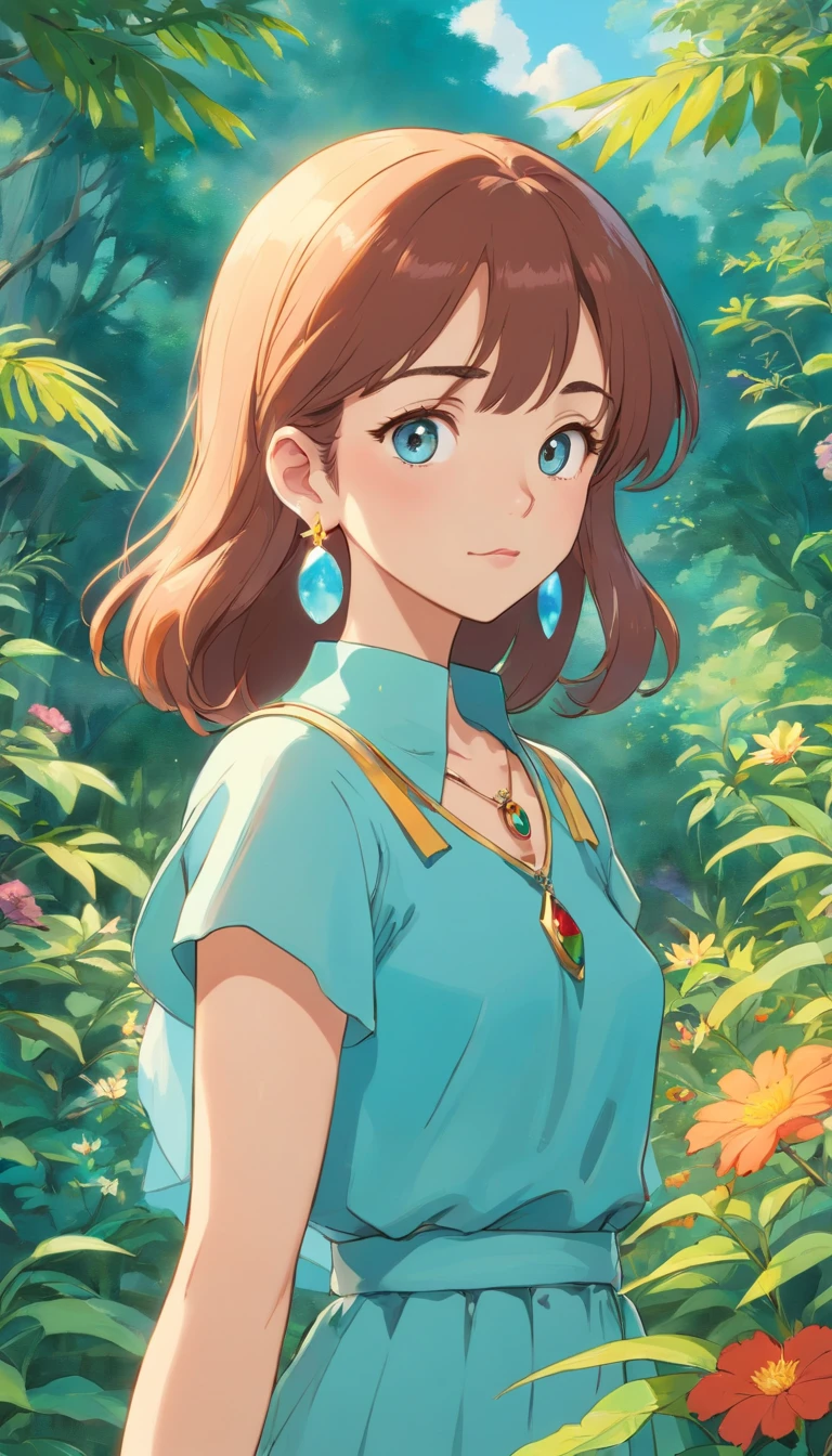 A girl wearing an anime collar, A long necklace and earrings, inthe style of tranquil gardenscapes, colorful animation stills, Masami Teraoka, aquamarine, Paul Gauguin, Amber style, Honest portrayal