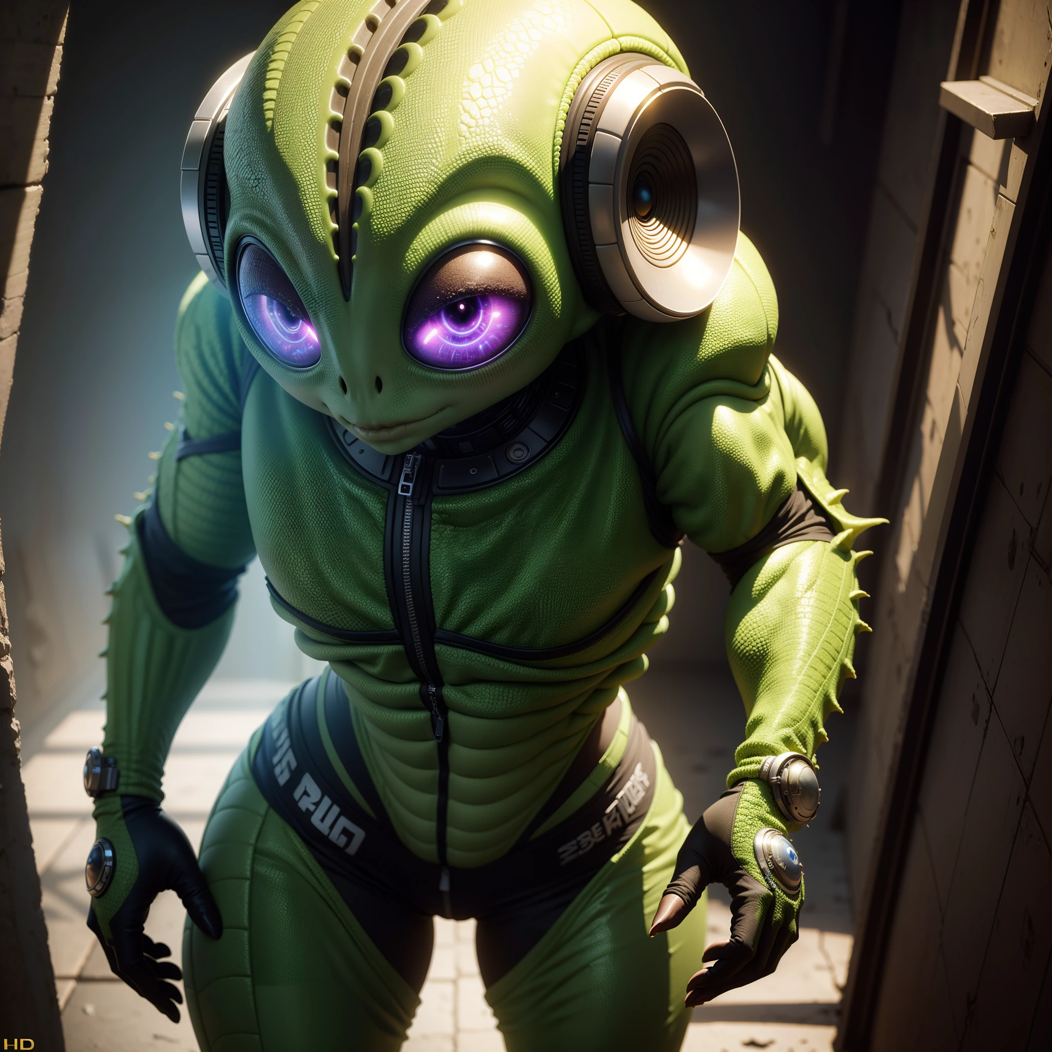 Alien wearing Hip-hop clothes, big eyes and oval head, textured scaly skin, masterpiece, HDR, UHD, 64 mil, highly detailed, professional photography, trending on ArtStation, Unreal Engine, vivid colors, High Resolution Scanning