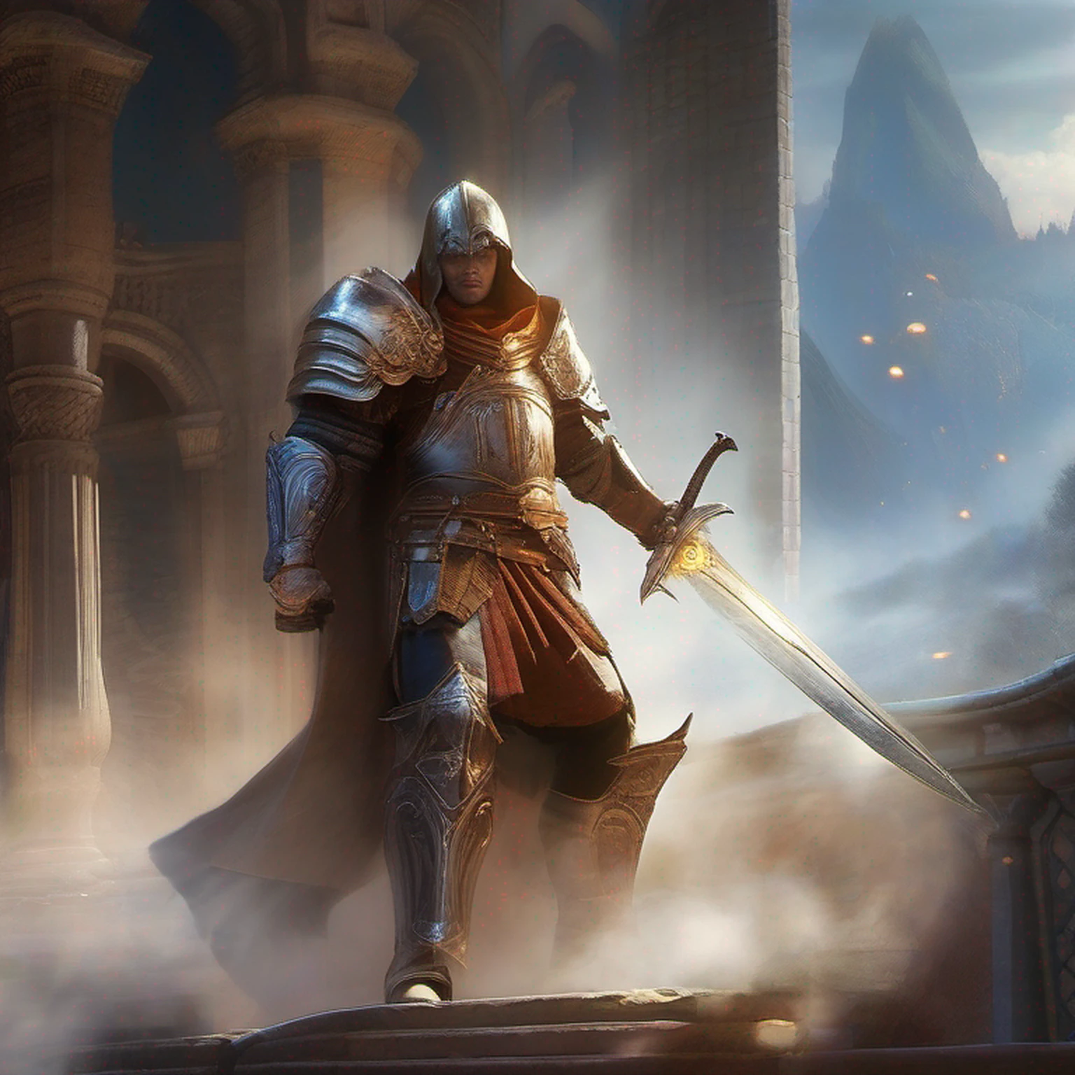 "An imposing paladin wielding a sword imbued with radiant light, emanando poderosa magia de luz. A cena se passa em uma paisagem urbana sombria e misteriosa, Iluminado pelo brilho da espada do paladino. The composition is expertly crafted, with breathtaking attention to detail and cinematic lighting. The overall aesthetic is reminiscent of Fujifilm photography, capturando a beleza e a profundidade da cena."