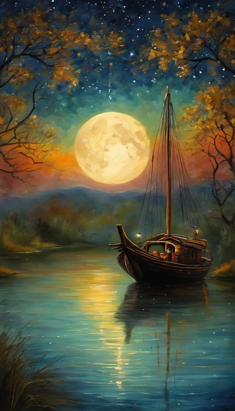 Night view of the old town,Seek and find,cheerless,The moon falls, the crescent moon falls into the lonely well,Fragmented,Bit by bit,There are flowers in dreams, green meadows in dreams,Long hair causes ripples,Shirabu Shishiiso,Kappa poles swing the boat,Crossing the ancient rare,(Small rivers),(Ancient boats),(There is a bright full moon in the distant night sky),(Shining stars),(Starcloud),(nighttime scene),(Inspired by Van Gogh:1.2),(Van Gogh starry sky painting style:1.2),OilPaintStyle,8k wallpaper,light and shadow effect,Tyndall,rendering by octane,White balance,Unreal 5,Extremely detailed picture,depth of fields,tmasterpiece,realisticlying,RAY