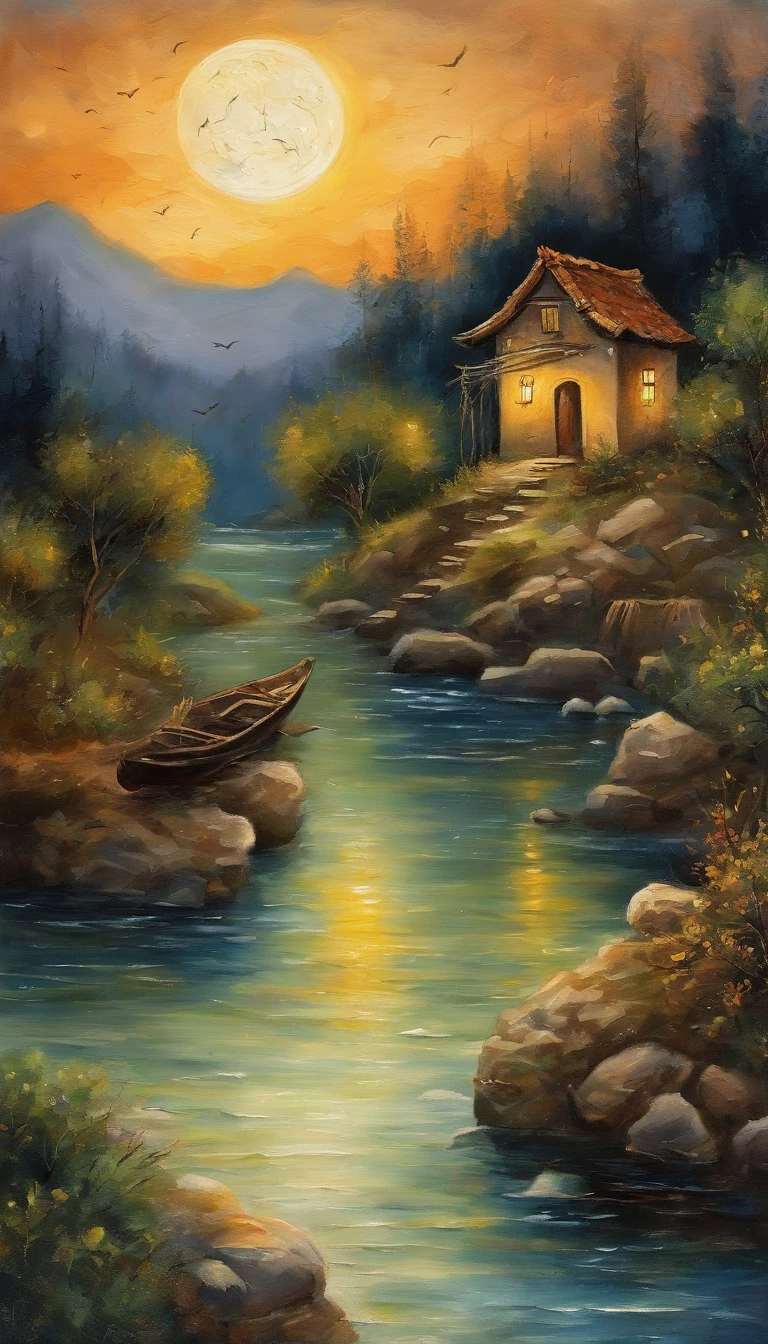 Night view of the old town,Seek and find,cheerless,The moon falls, the crescent moon falls into the lonely well,Fragmented,Bit by bit,There are flowers in dreams, green meadows in dreams,Long hair causes ripples,Shirabu Shishiiso,Kappa poles swing the boat,Crossing the ancient rare,(Small rivers),(Ancient boats),(There is a bright full moon in the distant night sky),(Shining stars),(Starcloud),(nighttime scene),(Inspired by Van Gogh:1.2),(Van Gogh starry sky painting style:1.2),OilPaintStyle,8k wallpaper,light and shadow effect,Tyndall,rendering by octane,White balance,Unreal 5,Extremely detailed picture,depth of fields,tmasterpiece,realisticlying,RAY