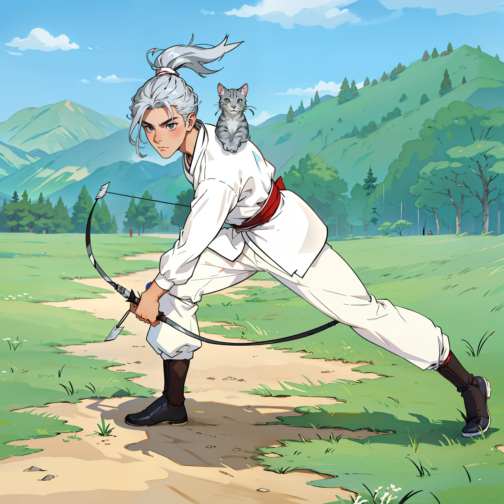 A boy  with silver hair, wear white wuxia outfit, white pants, wuxia black shoes, chrome hand shield, hold bow in the left hand and arrow in the right hand, there's a little grey cat in his shoulder