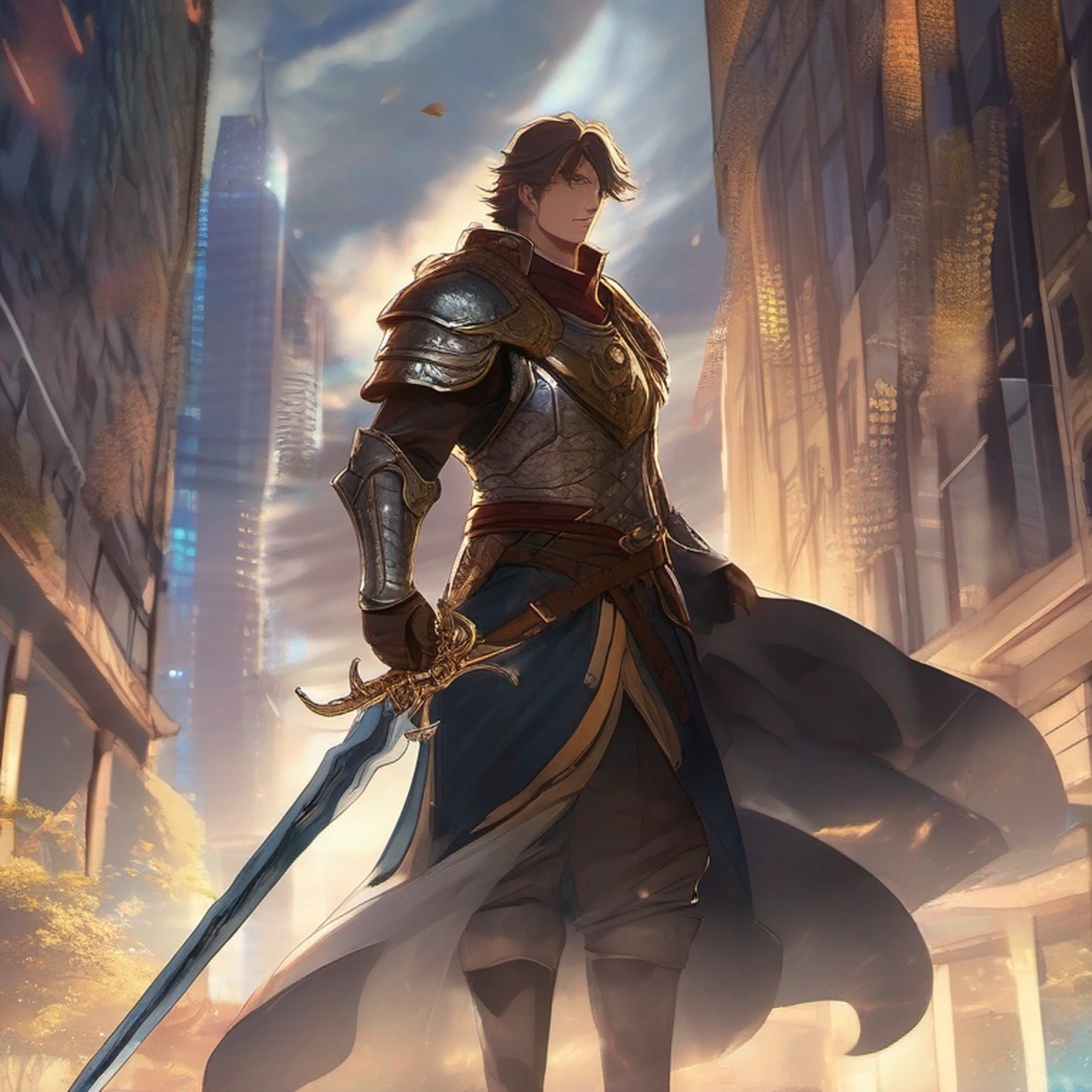 "An imposing paladin wielding a sword imbued with radiant light, emanando poderosa magia de luz. A cena se passa em uma paisagem urbana sombria e misteriosa, Iluminado pelo brilho da espada do paladino. The composition is expertly crafted, with breathtaking attention to detail and cinematic lighting. The overall aesthetic is reminiscent of Fujifilm photography, capturando a beleza e a profundidade da cena."