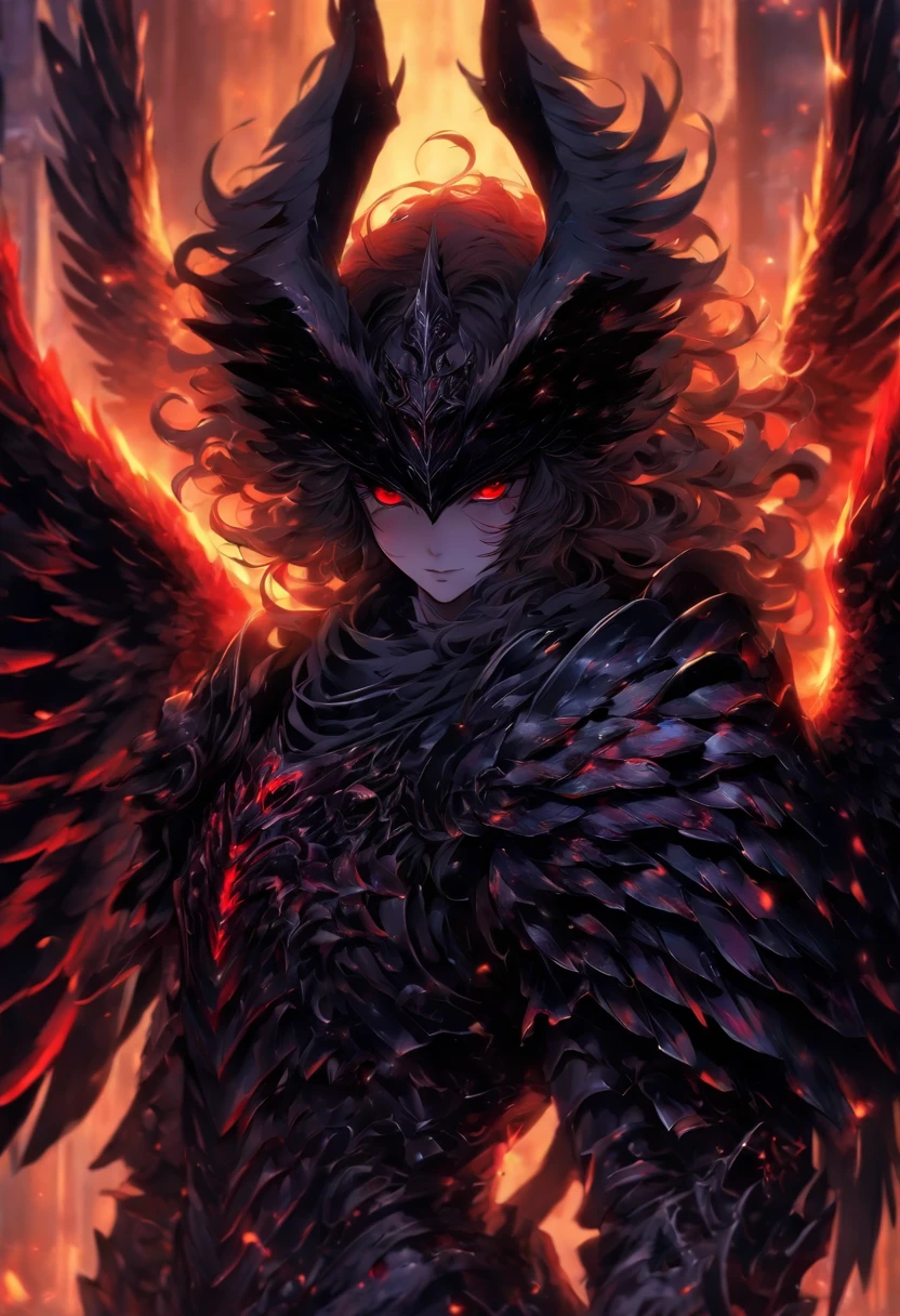 Angel with black wings, wearing a black mask, wearing armor, has horns, red eyes, has claws