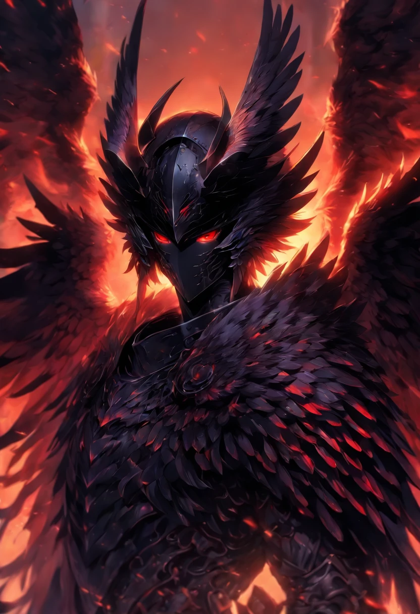 Angel with black wings, wearing a black mask, wearing armor, has horns, red eyes, has claws