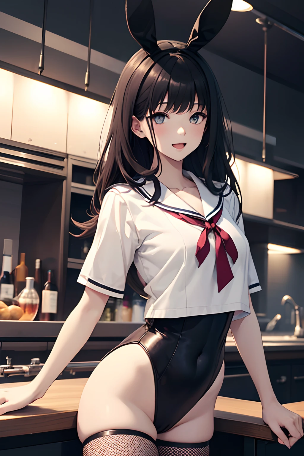 ((masterpiece,best quality)), highres, extremely detailed 8K wallpaper, depth_of_field, best shadow, (Colorful),(Delicate eyes and face), nice hand, Perfect hands, volumatic light, Ray tracing, BREAK
(1girl in), touko, black hair, long hair, black eyes, slender, skinny, medium breasts, open mouth, smile, blush, BREAK,
(wear white school uniform top over black playboy_bunny leotard:1.3), (sailor collar:1.5), (red tie:1.3), (white fake animal ears), (Parted clothes at the top and bottom:1.2), (short sleeves:1.1), (black BunnyGirl Costume:1.2), (fishnet stockings:1.2), High heels, (rabbit_tail:1.2), BREAK,
Cowboy Shots, Looking at Viewer, stomach focus, night bar, counter, (((night time))), Ultra detailed backgrounds, ((dark backgrounds)),