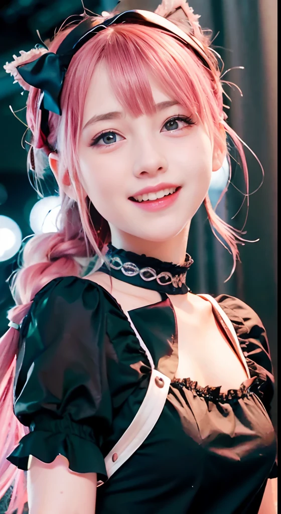 (ultra-detailliert), Cute princess dresses in black color,(frilly dress),(shortsleeves),Blue eyes,The upper part of the body、a closeup、faces、(A smile:1.5),(facing front:1.2), 20yr old, s girl,no tail,(no tail),2D, masterpiece, top-quality, animesque,Band Group Vocals, a closeup, Singing a song on an electric guitar, Stand Microphone, Mouth open, A detailed eye, A detailed face, girl with, Only 1 person,Pink Hair Medium Hair, (Pink hair), Ear Hair, small tits, Single braid, (Single braid), (Side braid), Pink ribbon, Ribbon around the neck, (White sleeves), Background bokeh