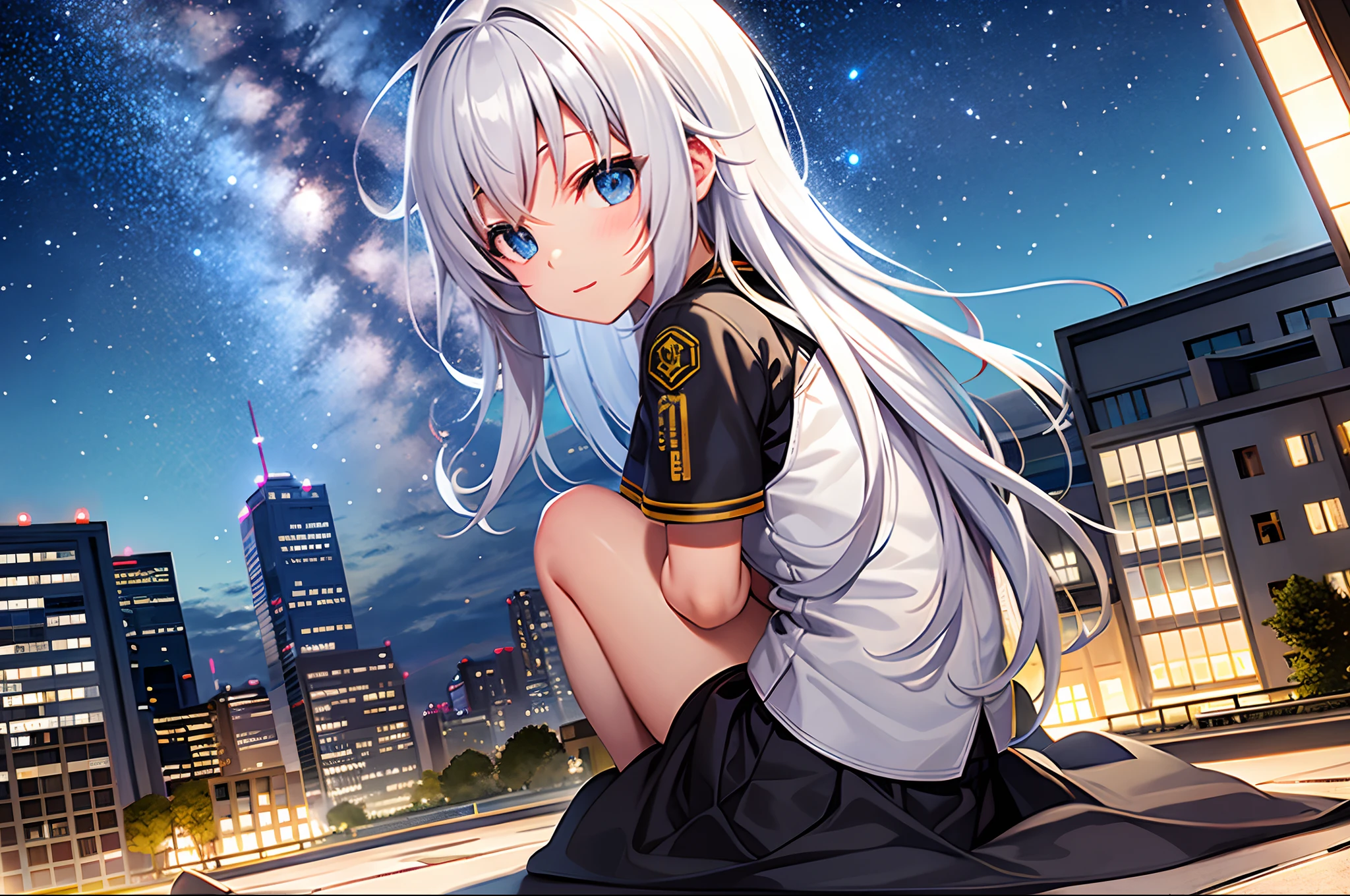 octane, sky, star (sky), landscape, starry sky, night, only child, night sky, solo, outdoor, signature, building, clouds, milky way, sitting, tree, long hair, city, silhouette, cityscape