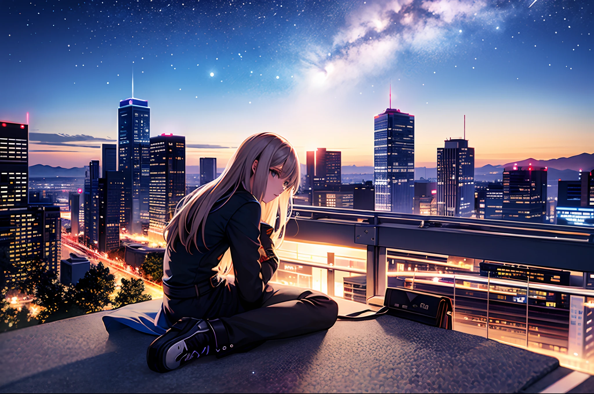 octane, sky, star (sky), landscape, starry sky, night, only child, night sky, solo, outdoor, signature, building, clouds, milky way, sitting, tree, long hair, city, silhouette, cityscape
