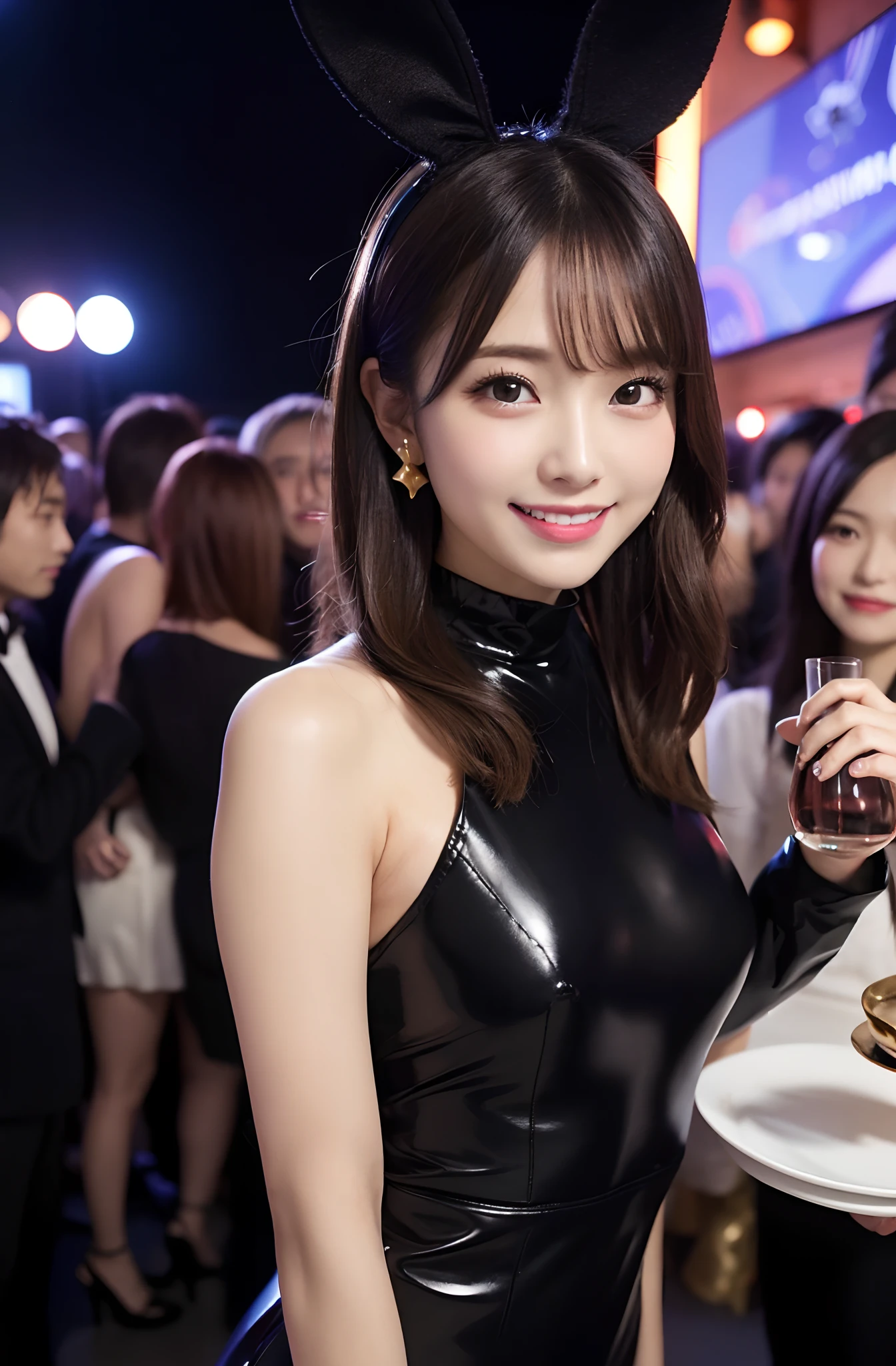 (masutepiece:1.4)、(top-quality:1.4)、(16k wallpaper:1.2)、(Photorealsitic:1.2)、(ultra-detailliert:1.2)、(超A high resolution:1.2)、super-detaild skin、Detailed and clean eyes、Underground Nightclub、Dancing、Pink eye makeup、Natural Color Lip、Red cheeks、Japan 18-year-old woman、Black Bunny Girl Costume、latex suit、highleg leotard、(Black Bunny Earband)、Black pantyhose、Semi-long bob hair、large full breasts、cute smile face、Golden earrings、sexy pose、clean legs、Crowd of men、Black High Heels