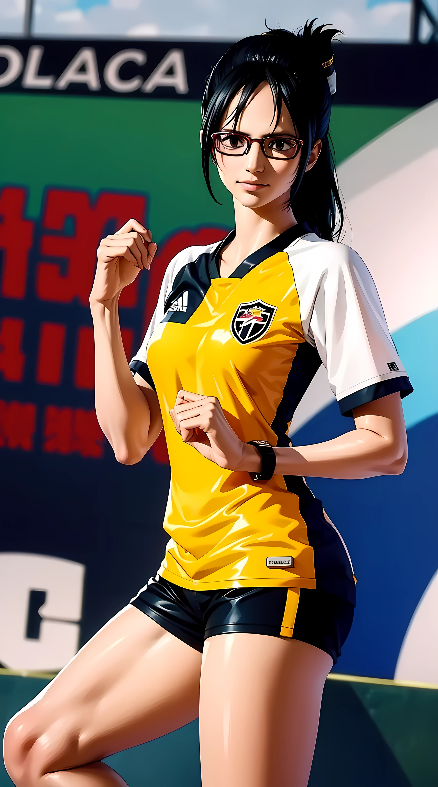 Tashigi, wearing glasses, long hair, black hair, ponytail, beautiful woman, pretty, perfect body, perfect breasts, wearing a soccer jersey, soccer pants, soccer shoes, in the middle of the soccer field, looking at the audience, small smile, realism, masterpiece , textured leather, super detailed, high detail, high quality, best quality, 1080p, 16k