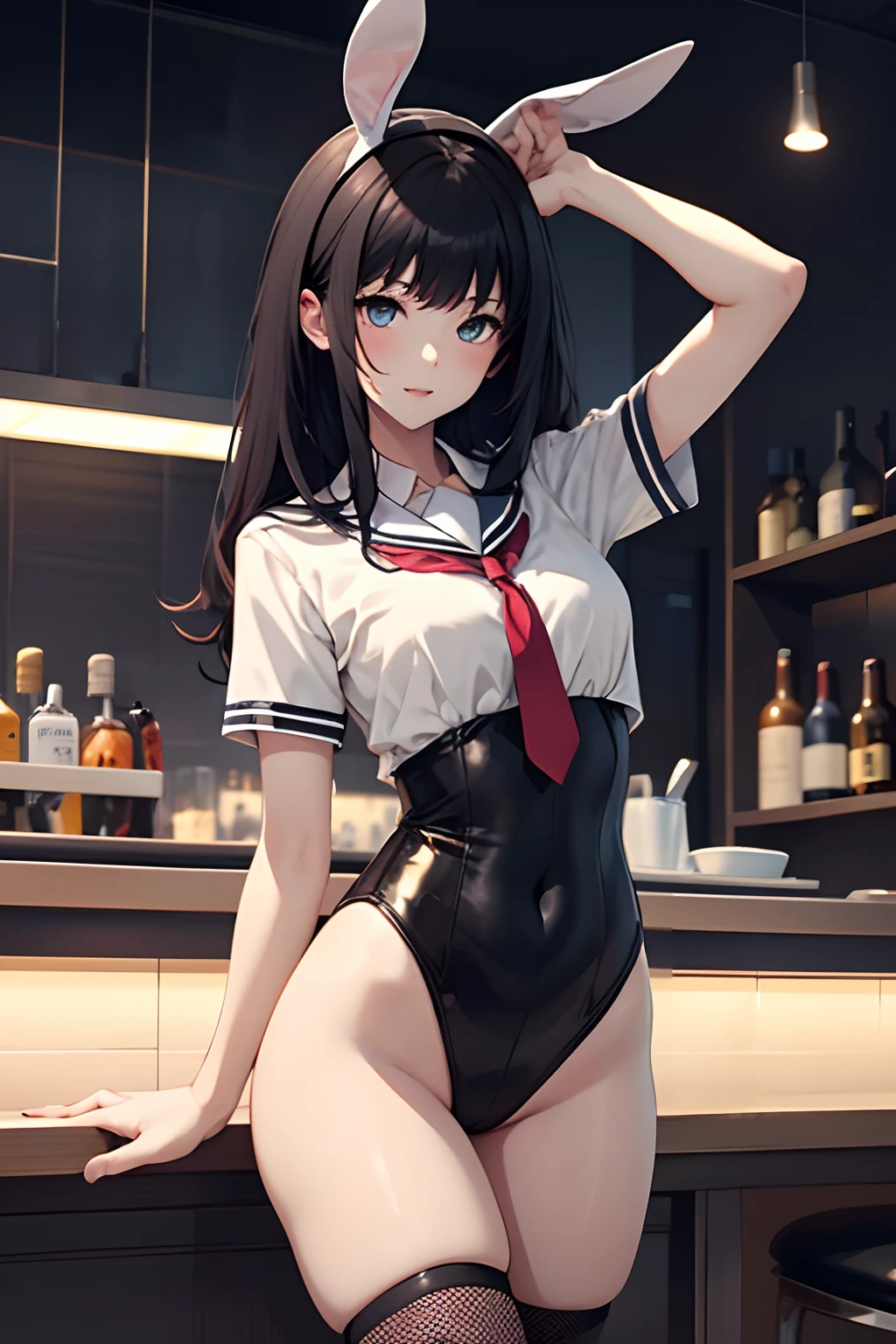 ((masterpiece,best quality)), highres, extremely detailed 8K wallpaper, depth_of_field, best shadow, (Colorful),(Delicate eyes and face), nice hand, Perfect hands, volumatic light, Ray tracing, BREAK
(1girl in), touko, black hair, long hair, black eyes, slender, skinny, medium breasts, open mouth, smile, blush, BREAK,
(wear white school uniform top over black playboy_bunny leotard:1.3), (sailor collar:1.5), (red tie:1.3), (white fake animal ears), (Parted clothes at the top and bottom:1.2), (short sleeves:1.1), (black BunnyGirl Costume:1.2), (fishnet stockings:1.2), High heels, (rabbit_tail:1.2), BREAK,
Cowboy Shots, Looking at Viewer, stomach focus, night bar, counter, (((night time))), Ultra detailed backgrounds, ((dark backgrounds)),