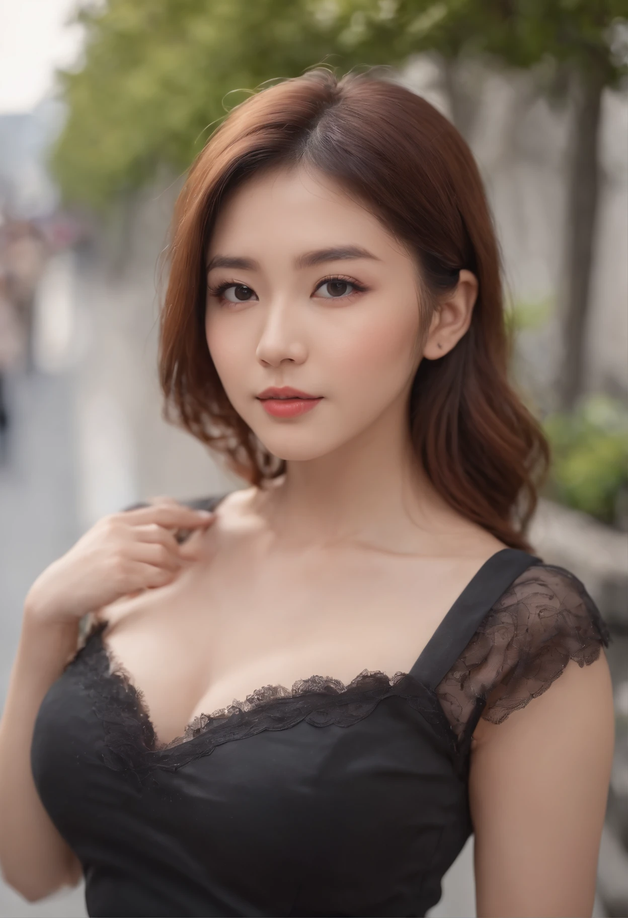 (Beautiful face),A 25-year-old Japanese woman,short,Qi bangs,White thin strap top,Bigboobs,乳溝,On the streets of Tokyo,Skytree in the distance,black short skirt,Black tights,ssmile,(Best quality), (Masterpiece),(photo-realistic hair),(Soft focus background), (A high resolution),(RAW photo), Original, Extremely detailed 8k wallpaper, (An extremely delicate)