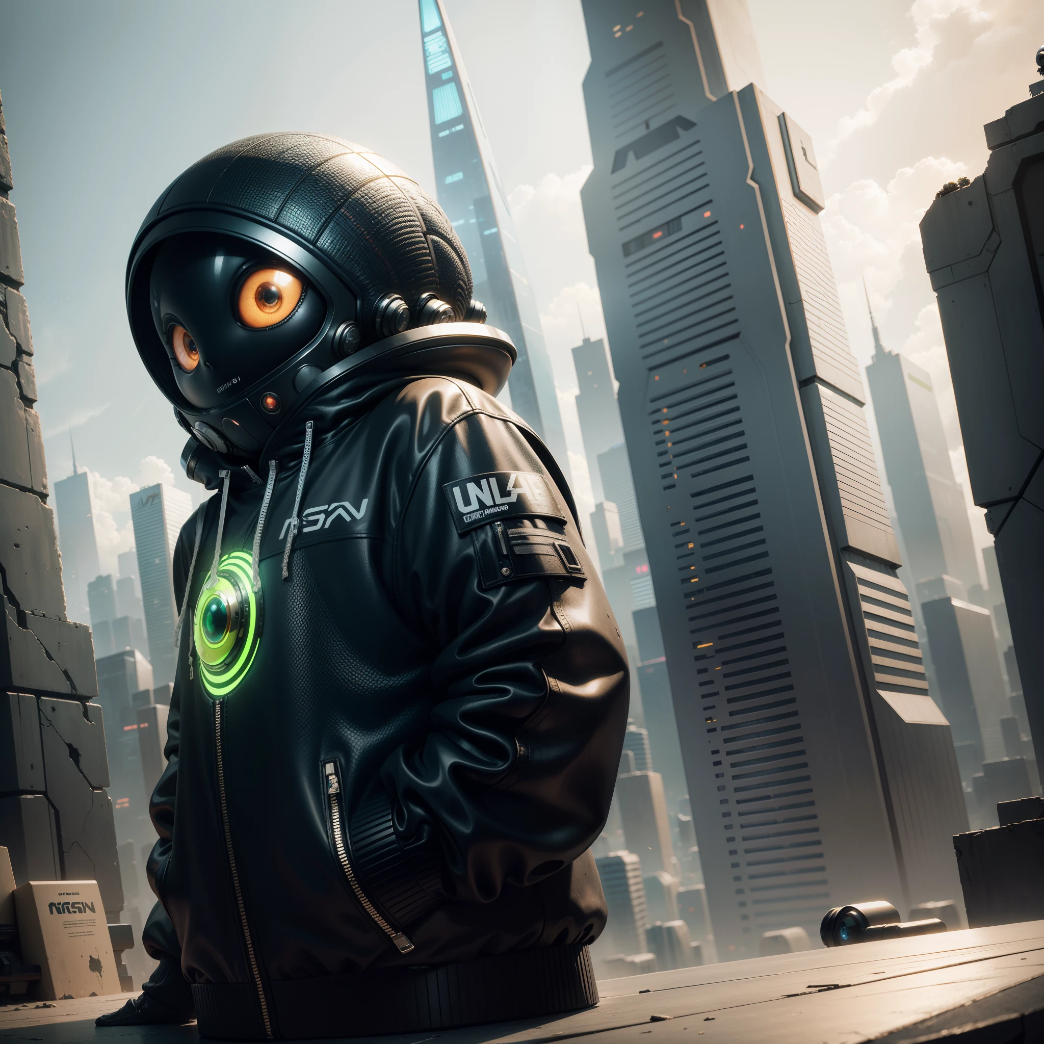 Alien wearing Hip-hop clothes in futuristic city, big eyes and oval head, textured scaly skin, style Chibi, art by Nashi and Daniel Capua, masterpiece, HDR, UHD, 64 mil, highly detailed, trending on ArtStation, Unreal Engine, vivid colors, High Resolution Scanning
