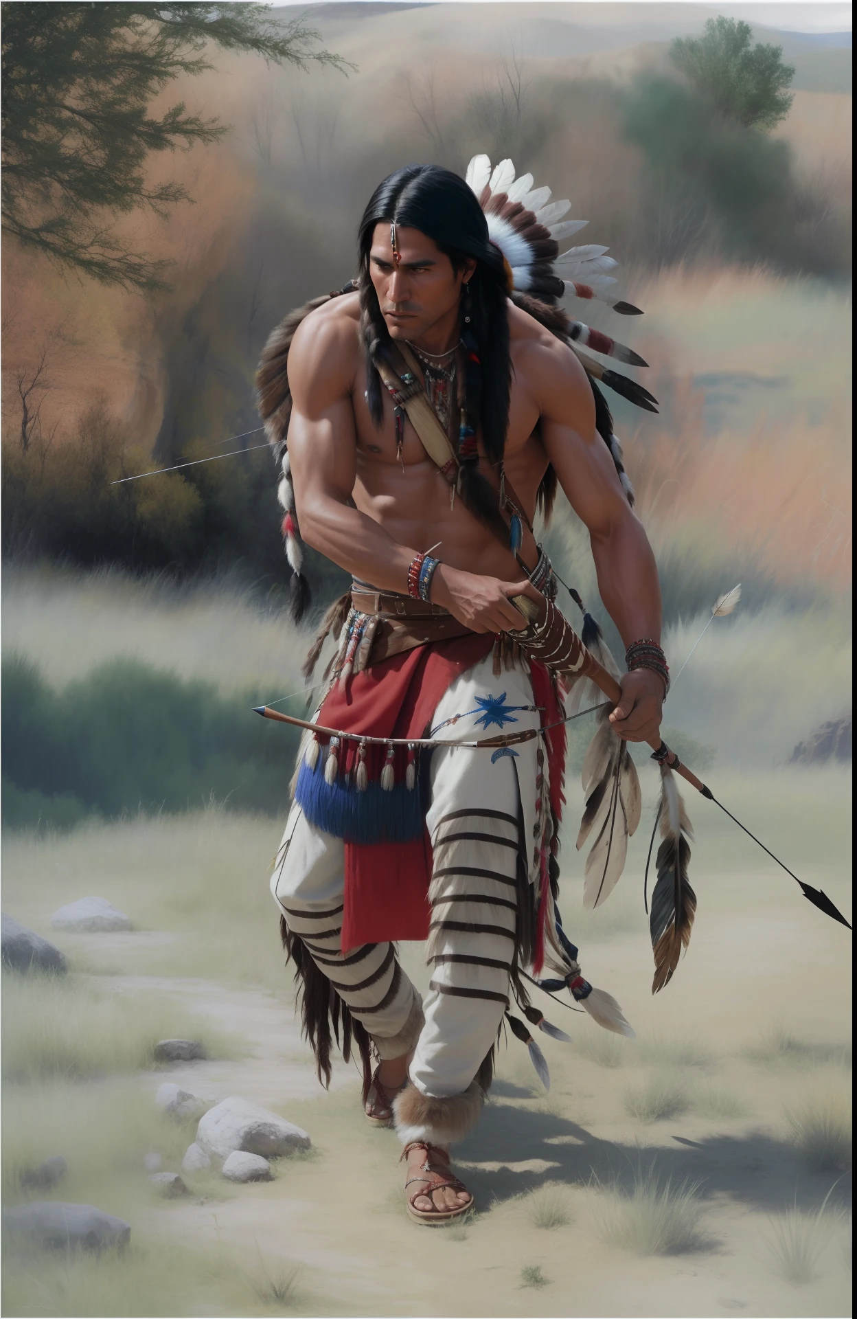 Hyperrealistic cinematic movie scene of a Native American man with a bow and arrow, Um guerreiro nativo americano, Guerreiro nativo americano, Arte nativa americana, Indian warrior, Nativo americano, Directed by: Stan Stokes, Guerreiro habilidoso do Apache, warrior spirit, holding a spear, Arte nativa, com arco e flecha, pintura ocidental, apontando seu arco, arco e flechas longas, : native american shamen fantasy